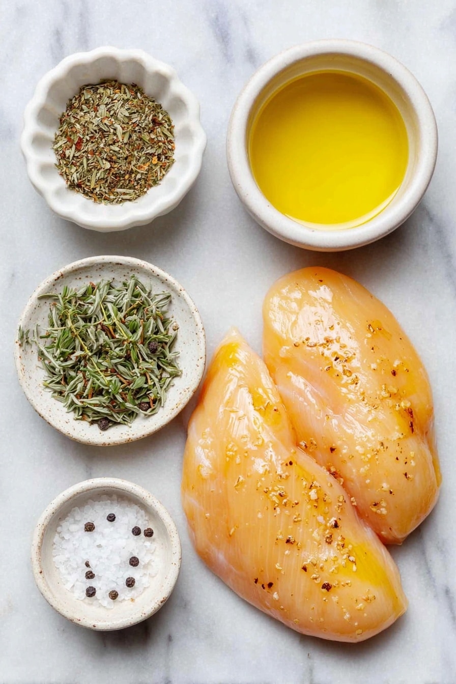 Flat lay of two boneless, skinless chicken breasts with a light sheen of oil, a small white ceramic bowl filled with golden olive oil, a small white ceramic bowl containing a mixed heap of dried basil, thyme, and oregano herbs, a small white ceramic bowl with fine garlic powder, a small white ceramic bowl with coarse sea salt and freshly cracked black peppercorns, arranged symmetrically on a clean white marble surface, soft natural light, photo taken with an iPhone, professional food photography style, fresh ingredients, white ceramic bowls, no bottles, no duplicates, no utensils, no packaging --ar 2:3 --v 7 --p awthu7i m7354615311229779997 - Herb Baked Chicken Breast, quick healthy chicken dinner, easy baked chicken recipes, juicy baked chicken breast, flavorful chicken breast