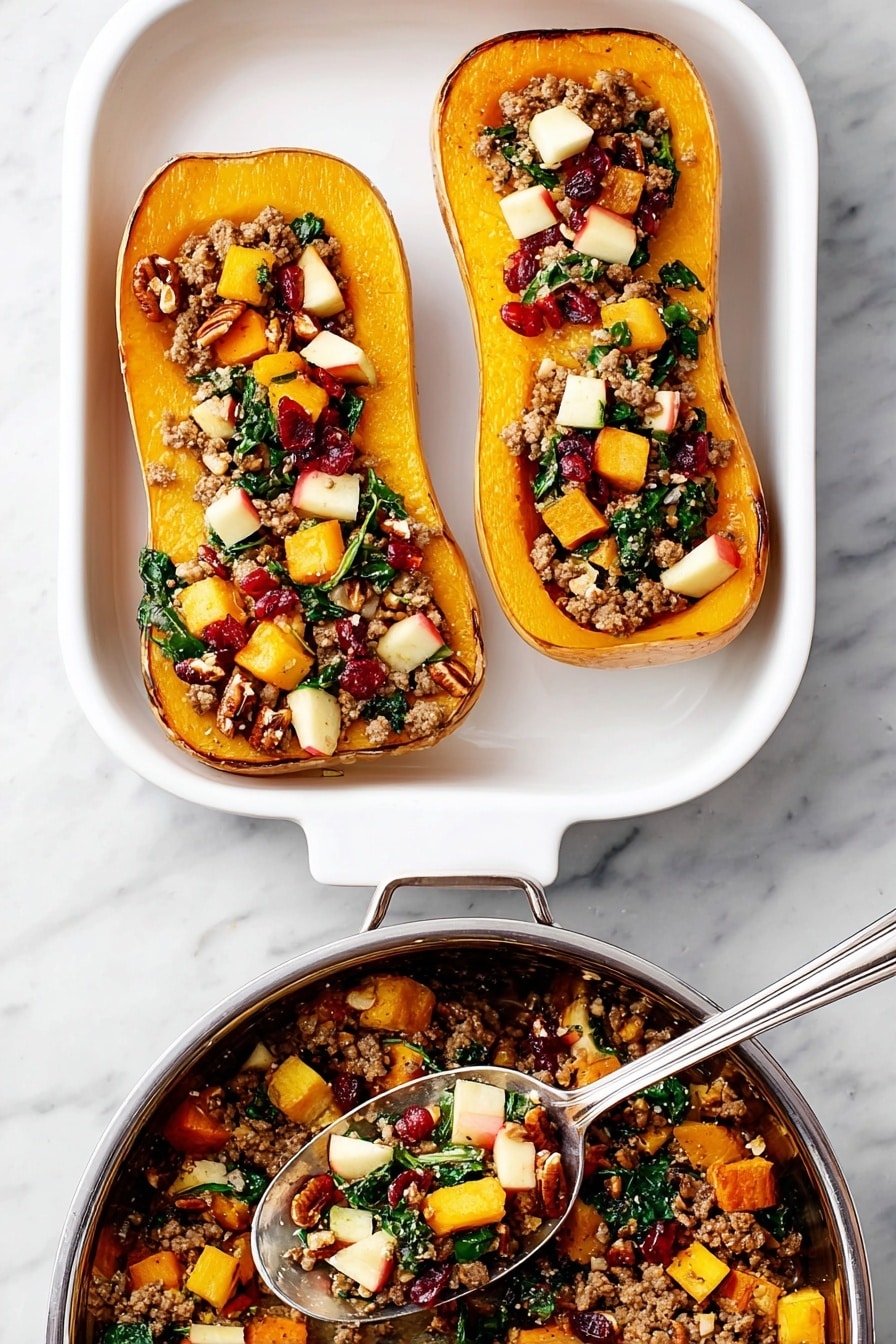 Two halves of roasted butternut squash with a golden-orange smooth surface, placed on a white rectangular baking dish on top of a white marbled surface. Each squash half is filled with a mix of small diced apples with red and cream colors, browned ground meat, green spinach leaves, chopped white onion, dried red cranberries, and pecans, adding variety in texture and color. A silver spoon holding some of the mix is scooping into the squash on the right. Below the baking dish is a silver pan filled with the same mix on the white marbled surface. Photo taken with an iphone --ar 2:3 --v 7 - Apple Sausage Stuffed Butternut Squash, stuffed butternut squash with sausage and apples, healthy fall dinner recipes, cozy stuffed squash, easy autumn squash dishes