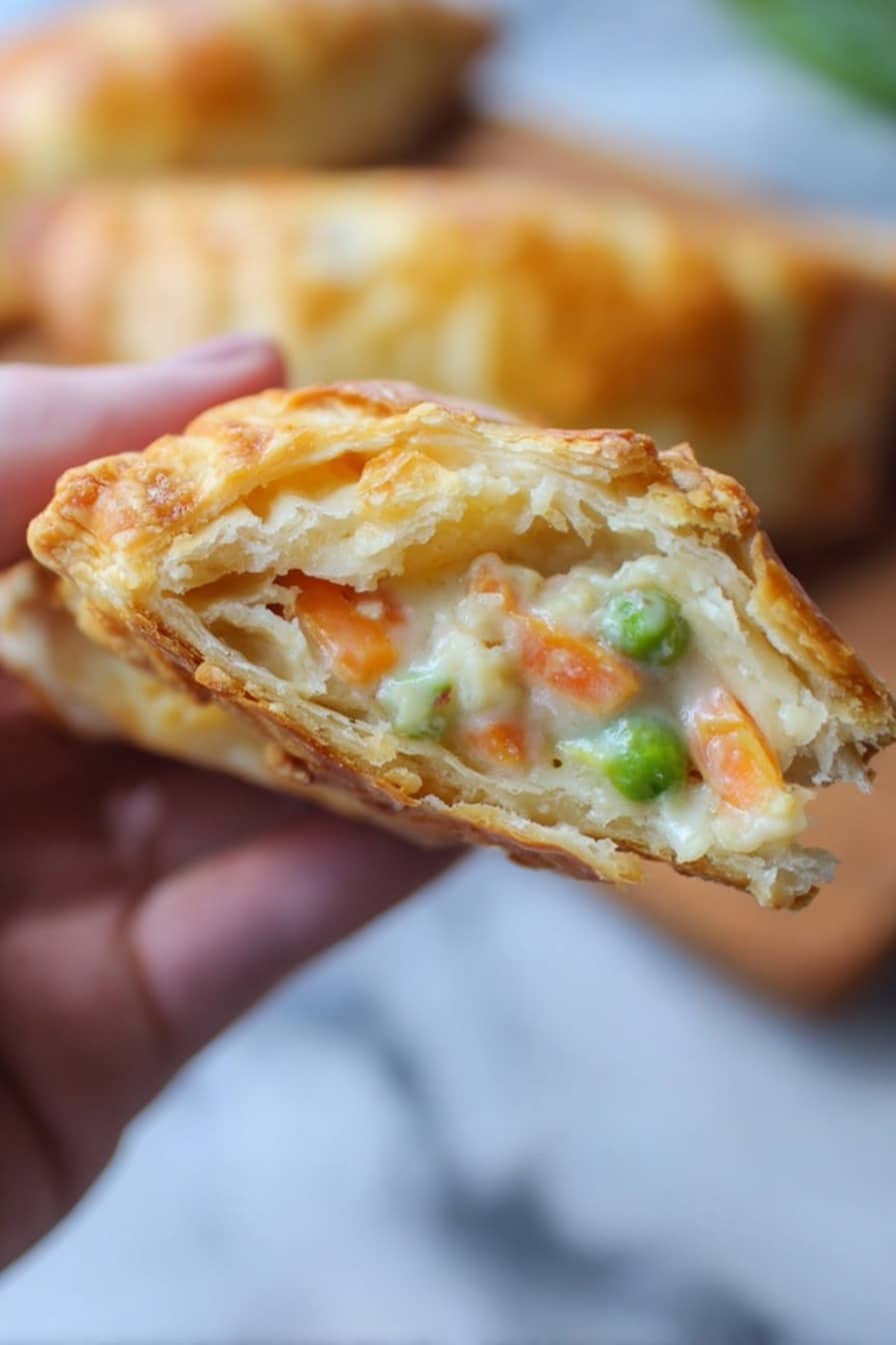A close-up of a woman's hand holding a half-eaten pastry with a golden brown crust. Inside the pastry, there are three visible layers: a creamy white sauce, mixed with small chunks of orange carrots and bright green peas. The background shows blurred white marbled texture with shapes of other pastries. photo taken with an iphone --ar 2:3 --v 7 - Handheld Chicken Pot Pie, portable chicken pot pie, flaky chicken pie, individual chicken pot pie, handheld savory pies