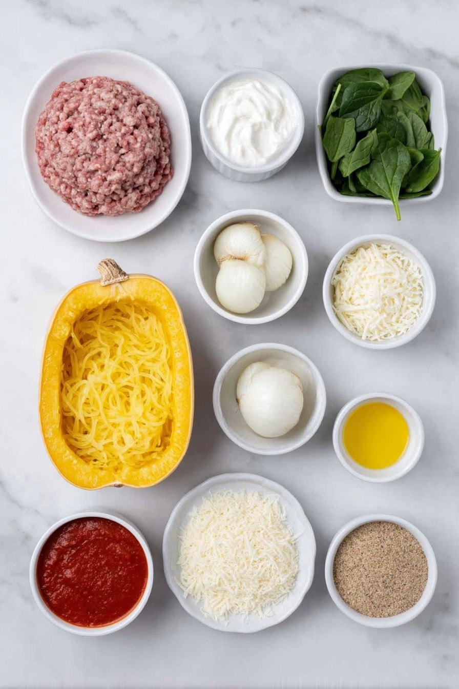 Flat lay of a halved spaghetti squash with vibrant yellow strands, a small white bowl of creamy ricotta cheese, a small white bowl of grated parmesan cheese, a small white bowl of shredded mozzarella cheese, a few fresh basil leaves arranged neatly, a handful of fresh spinach leaves, a small pile of diced yellow onion, three unpeeled garlic cloves, a small white bowl of rich red tomato basil marinara sauce, a small white bowl of golden panko bread crumbs, a small white bowl with bright yellow lemon zest, a whole fresh lemon cut in half, a small white bowl of golden olive oil, a raw portion of ground turkey shaped loosely, sprinkled Italian seasoning and garlic powder visible as fine herbs and powder on the surface, all ingredients placed with perfect symmetry on simple white ceramic bowls and plates, all fresh and natural without packaging or utensils, placed on a clean white marble surface, soft natural light, photo taken with an iPhone, professional food photography style, fresh ingredients, white ceramic bowls, no bottles, no duplicates, no utensils, no packaging --ar 2:3 --v 7 --p awthu7i m7354615311229779997 - Spaghetti Squash Lasagna, healthy lasagna with spaghetti squash, veggie-packed lasagna, easy spaghetti squash dinner, low-carb lasagna idea