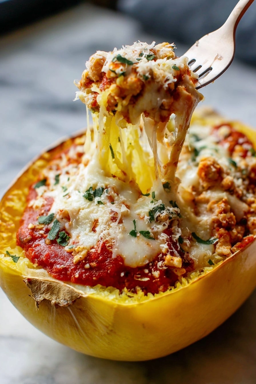The image shows a yellow spaghetti squash half filled with multiple layers. The bottom layer is made of tender, cooked yellow spaghetti squash strands. On top of this is a thick, rich red tomato sauce mixed with small pieces of chicken and herbs. Over the sauce is a generous layer of melted white cheese that stretches as a woman's hand lifts a forkful. The top is sprinkled with a light layer of finely grated cheese and small bits of green herbs. The entire dish sits on a white marbled surface. photo taken with an iphone --ar 2:3 --v 7 - Spaghetti Squash Lasagna, healthy lasagna with spaghetti squash, veggie-packed lasagna, easy spaghetti squash dinner, low-carb lasagna idea