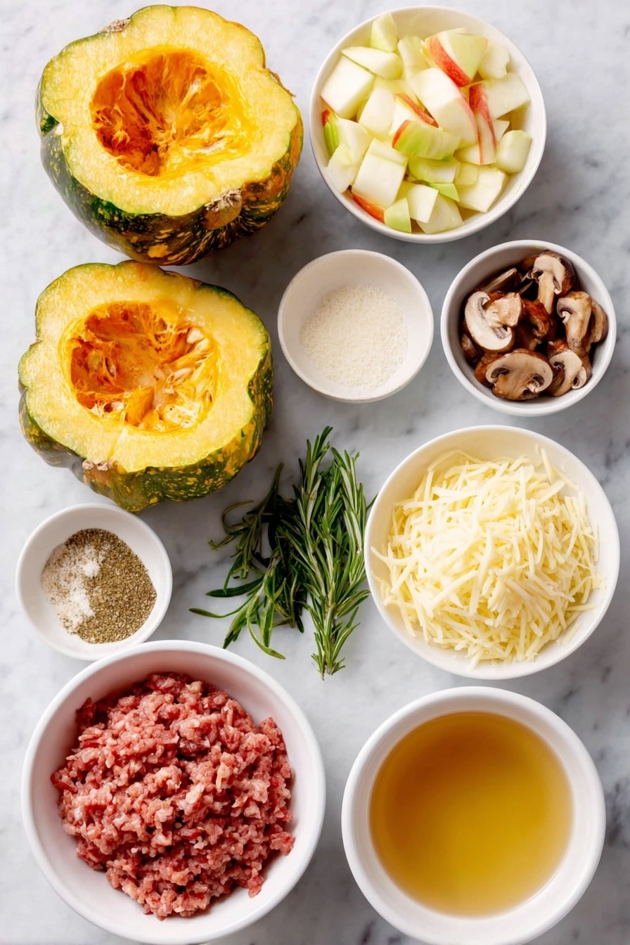 Flat lay of two halved acorn squash with bright orange flesh and green ridged skin, a small white ceramic bowl of golden olive oil, a mound of fresh ground turkey in natural pink tones, a small white bowl filled with diced baby bella mushrooms showcasing their rich brown caps and creamy stems, a small white bowl with peeled and diced honeycrisp apples showing crisp white flesh with red and yellow skin edges, a small white bowl of clear light golden chicken stock, a small bunch of finely chopped fresh rosemary sprigs with vibrant green needles, a small white bowl holding fine garlic powder in pale off-white, another small white bowl with finely ground onion powder in soft beige, a small white bowl containing black pepper in finely ground dark specks, a small white bowl with fine white salt crystals, and a neat pile of shredded cheddar cheese with pale yellow-orange strands—all arranged symmetrically and proportionally on a clean white marble surface, soft natural light, photo taken with an iPhone, professional food photography style, fresh ingredients, white ceramic bowls, no bottles, no duplicates, no utensils, no packaging --ar 2:3 --v 7 --p awthu7i m7354615311229779997 - Stuffed Acorn Squash with Turkey and Apples, acorn squash stuffed with turkey and apples, fall comfort food recipes, healthy stuffed squash, easy autumn dinner ideas