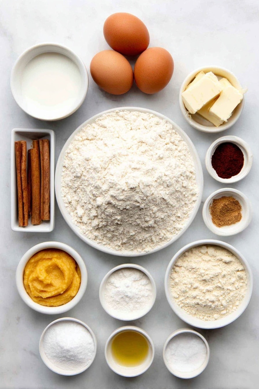 Flat lay of a small mound of all-purpose flour, a small white bowl filled with granulated sugar, a few whole brown cinnamon sticks, small white bowls containing ground ginger, ground nutmeg, ground cloves, and ground allspice, two large whole uncracked brown eggs, a small white bowl of smooth orange pumpkin puree, a small white bowl of milk, a small white bowl of golden canola oil, a small white bowl of vanilla extract, and a small white bowl with a mixture of baking soda, baking powder, and salt all arranged symmetrically in a balanced layout on a clean white marble surface, soft natural light, photo taken with an iPhone, professional food photography style, fresh ingredients, white ceramic bowls, no bottles, no duplicates, no utensils, no packaging --ar 2:3 --v 7 --p awthu7i m7354615311229779997 - Moist Pumpkin Bread, pumpkin bread recipe, fall pumpkin bread, easy pumpkin bread, tender pumpkin loaf