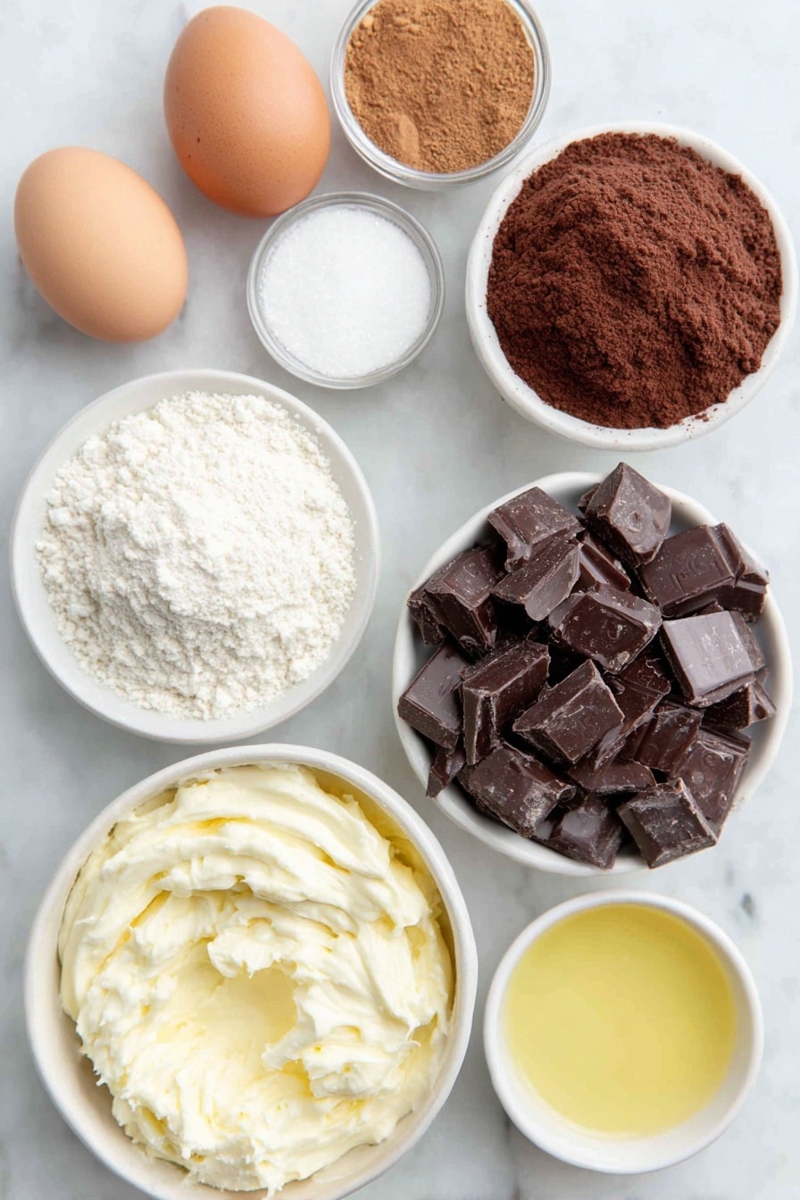 Flat lay of a few whole brown eggs with clean shells, a small white ceramic bowl of deep brown cocoa powder, a small white ceramic bowl of fine granulated sugar, a small white ceramic bowl of light beige skim milk powder, a small white ceramic bowl of smooth heavy whipping cream, a small white ceramic bowl of golden honey, a neat pile of glossy chopped semisweet dark chocolate pieces, a small white ceramic bowl of fine espresso powder, and a small white ceramic bowl of warm brown pumpkin pie spice placed on a clean white marble surface, soft natural light, photo taken with an iPhone, professional food photography style, fresh ingredients, white ceramic bowls, no bottles, no duplicates, no utensils, no packaging --ar 2:3 --v 7 --p awthu7i m7354615311229779997 - Chocolate Yule Log Cake, festive chocolate dessert, holiday yule log, Christmas chocolate cake, moist chocolate sponge