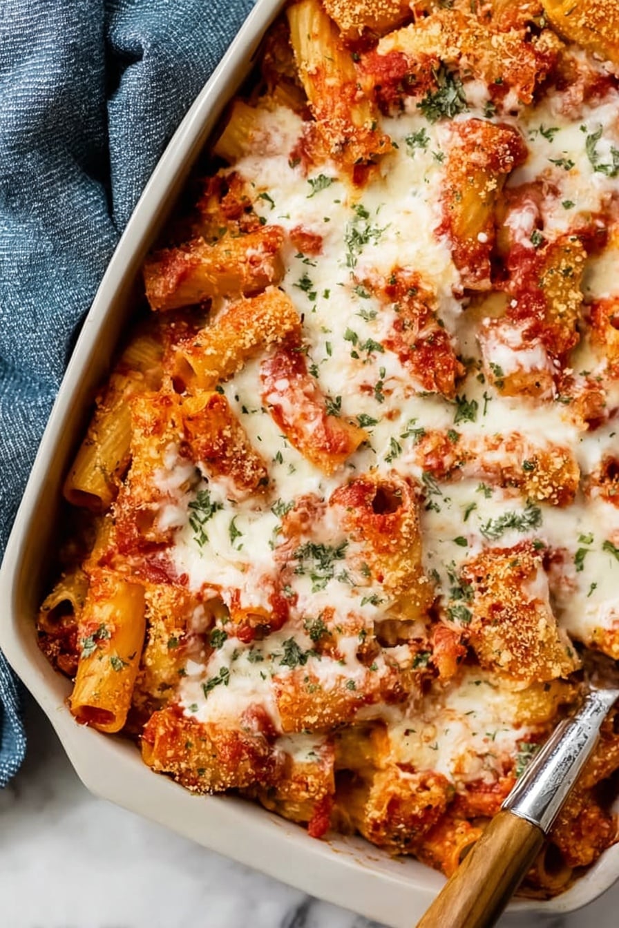 The dish shows a baking pan filled with layered pasta tubes covered in melted white cheese and red tomato sauce. The pasta tubes are golden brown with a crispy texture and are arranged closely together. There are small green herb pieces sprinkled all over the cheese and sauce, adding a fresh color contrast. The surface has an uneven texture where the cheese is melted and slightly browned on top. A silver utensil rests in the corner of the pan, and the pan is set on a white marbled surface with a blue cloth nearby. Photo taken with an iphone --ar 2:3 --v 7 - Easy Chicken Parmesan Casserole, chicken parmesan casserole, baked chicken parmesan, cheesy chicken casserole, Italian chicken bake