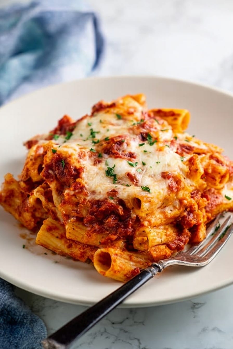 The image shows a white plate filled with rigatoni pasta layered with rich, chunky tomato sauce tinted in deep red and orange hues, mixed with a generous layer of melted cheese on top that is creamy white with slight golden-brown spots. Bits of green herbs are sprinkled across the dish, adding small specks of vibrant color. The pasta shapes are ridged, thick, and well coated with sauce and cheese. A silver fork with a black handle rests on the edge of the plate. The plate is set on a white marbled surface with a softly blurred blue and white cloth in the background. Photo taken with an iphone --ar 2:3 --v 7 - Easy Chicken Parmesan Casserole, chicken parmesan casserole, baked chicken parmesan, cheesy chicken casserole, Italian chicken bake