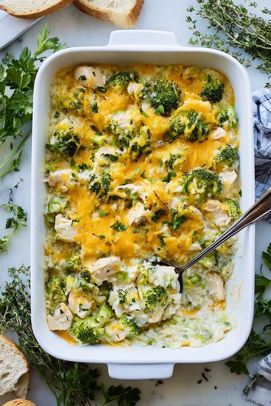 A white rectangular baking dish filled with a layered casserole. The bottom layer is creamy rice mixed with small chunks of pale cooked chicken. On top of that are bright green pieces of broccoli spread evenly. The top layer is melted yellow cheese, slightly browned in some spots, covering the broccoli and chicken. A silver serving spoon rests inside the dish, partially scooping out some casserole, showing the layers beneath. The dish sits on a white marbled surface, surrounded by fresh green herbs and pieces of white bread. Photo taken with an iphone --ar 2:3 --v 7 - Cheesy Chicken Broccoli Rice Casserole, easy chicken broccoli casserole, creamy rice bake, quick weeknight dinner, cheesy baked chicken and rice
