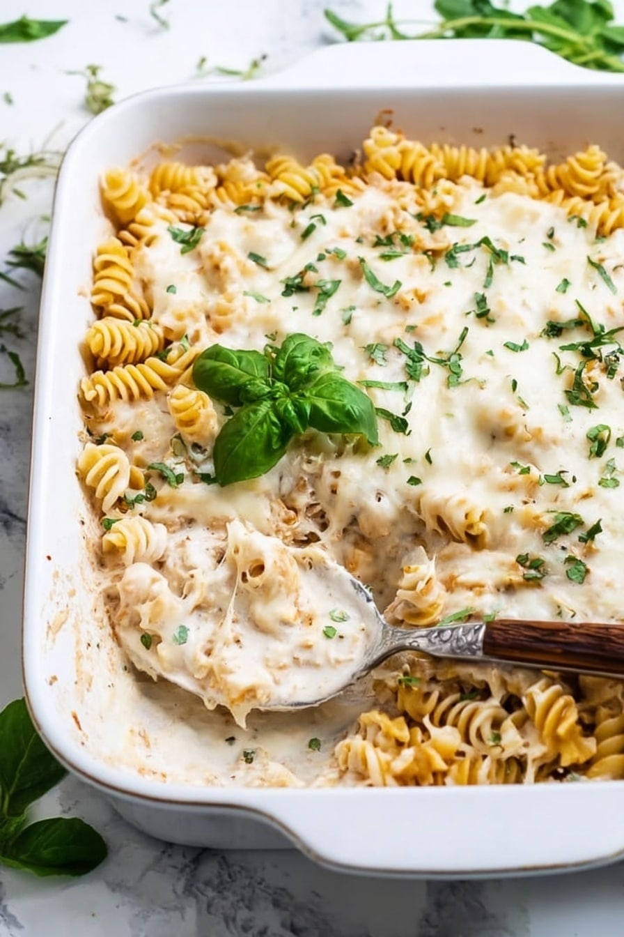 The dish is a pasta bake served in a white rectangular baking dish. The top layer is melted white cheese sprinkled with chopped green herbs. Underneath, yellow spiral pasta is mixed with a creamy sauce that looks smooth and light in color. The pasta layer is thick and fills most of the dish. A silver spoon with a wooden handle is scooping a portion from the right side, showing the creamy sauce and pasta inside. A small green basil leaf sits on top for decoration. The background is a white marbled surface with some green leaves scattered around. Photo taken with an iphone --ar 2:3 --v 7 - Easy Chicken Alfredo Casserole, Chicken Alfredo casserole, creamy chicken pasta bake, weeknight chicken dinner, cheesy chicken casserole