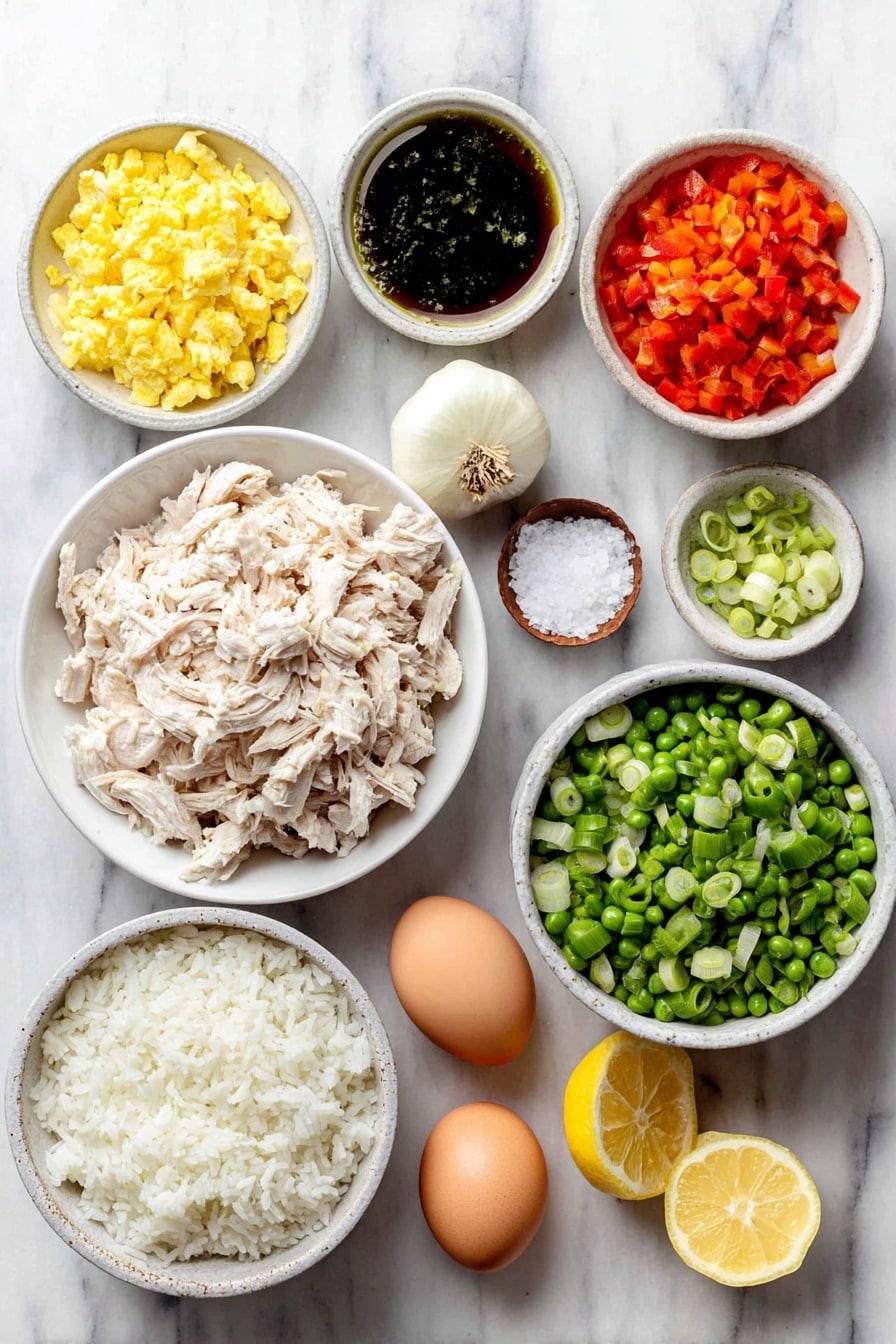 Flat lay of a small white ceramic bowl of neutral avocado oil, a peeled and diced yellow onion, a finely chopped red bell pepper, two peeled garlic cloves, a small white bowl of fresh green frozen peas, a small pile of cooked shredded white chicken meat, a small white bowl of sesame oil, a neat mound of boiled and cooled long-grain rice, two whole uncracked brown eggs, a small white bowl of dark soy sauce, a small pinch of salt beside the bowls, half a fresh lemon cut with visible juice, and a small bunch of chopped spring onions arranged symmetrically, placed on a clean white marble surface, soft natural light, photo taken with an iPhone, professional food photography style, fresh ingredients, white ceramic bowls, no bottles, no duplicates, no utensils, no packaging --ar 2:3 --v 7 --p awthu7i m7354615311229779997 - Easy Chicken Fried Rice, quick chicken fried rice, homemade fried rice recipe, simple stir-fry chicken and rice, delicious chicken fried rice