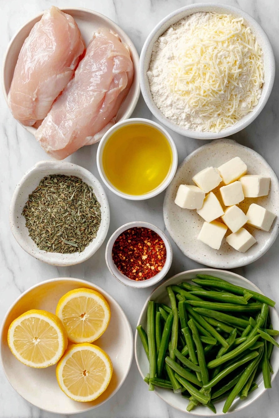 Flat lay of a small mound of pale all-purpose flour in a simple white ceramic bowl, a small white bowl filled with finely grated pale yellow parmesan cheese, a small white bowl holding golden olive oil, a few sprigs of dried Italian seasoning herbs, two whole boneless, skinless raw chicken breasts with a pale pink hue, a whole fresh lemon sliced into thin rounds arranged neatly on a white ceramic plate, a small white bowl containing bright yellow lemon juice, four plump peeled garlic cloves and four minced garlic pieces in a separate small white bowl, a pinch of vibrant red pepper flakes in a tiny white bowl, four small cubes of cold butter with a creamy pale yellow color on a white ceramic dish, and fresh green beans cut into one-inch pieces scattered neatly on a plain white ceramic plate—all ingredients fresh and natural, no packaging or utensils, perfect symmetry and balanced layout, placed on a clean white marble surface, soft natural light, photo taken with an iPhone, professional food photography style, fresh ingredients, white ceramic bowls, no bottles, no duplicates, no utensils, no packaging --ar 2:3 --v 7 --p awthu7i m7354615311229779997 - Garlic Lemon Butter Chicken Skillet, easy chicken skillet recipe, lemon butter chicken, one-pan chicken dinner, flavorful chicken recipes