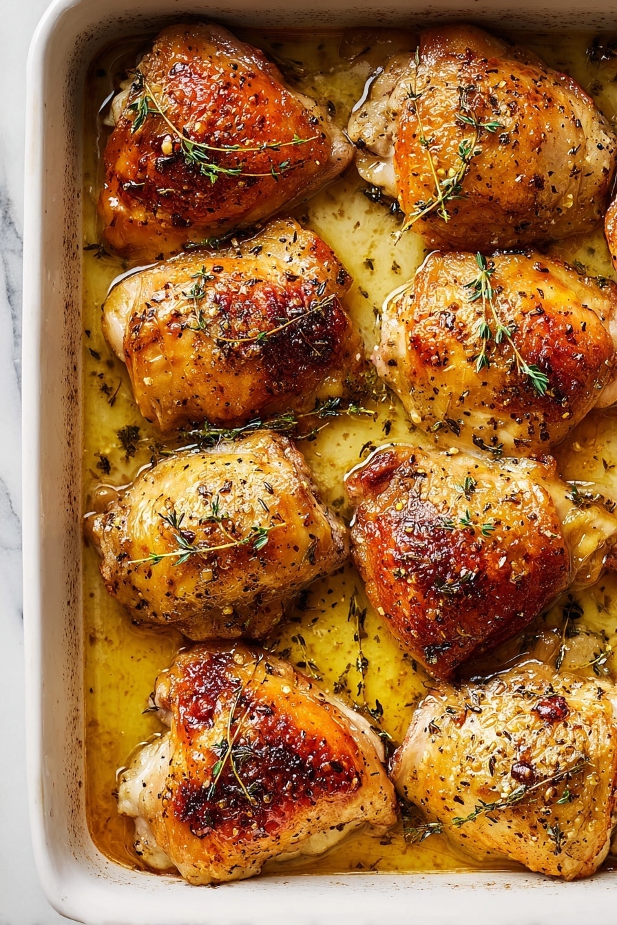 A white baking dish filled with eight pieces of cooked chicken thighs, arranged in two close rows. Each chicken thigh has golden brown, crispy skin with visible herbs and small green sprigs of thyme scattered on top and in the cooking juices. The surface of the chicken looks shiny and moist with a slightly caramelized texture and some black pepper specks. The dish sits on a white marbled surface. Photo taken with an iphone --ar 2:3 --v 7 - Honey Mustard Chicken Thighs, easy baked chicken thighs, juicy chicken recipes, weeknight chicken dinner, flavorful chicken thigh recipes