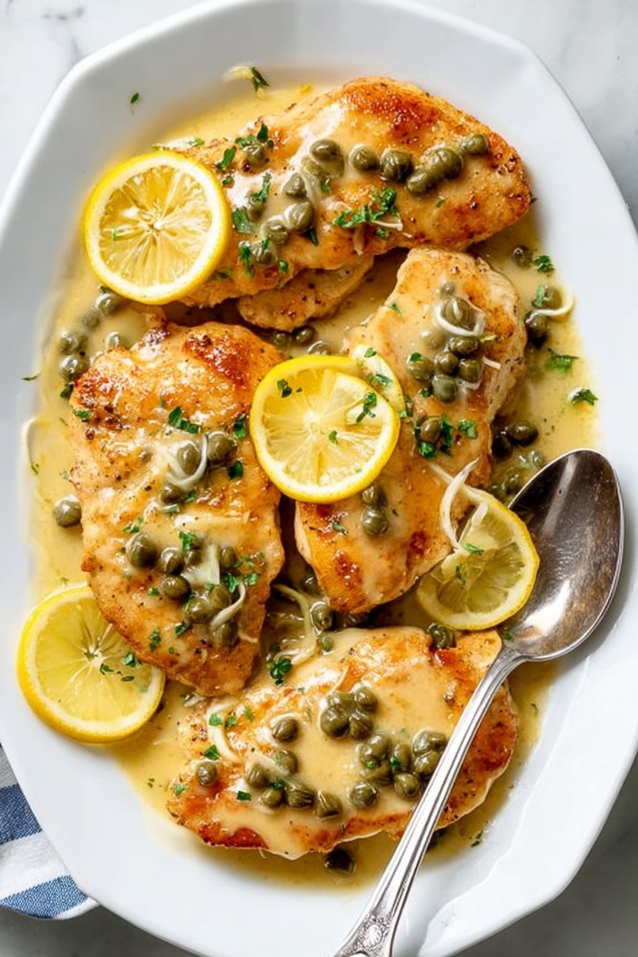 The image shows a white plate filled with five golden brown chicken pieces layered with a creamy light yellow sauce that has green capers scattered all over. Around the chicken, there are bright yellow lemon wedges placed evenly, adding pops of color. Thin slices of garlic and small green herbs are sprinkled on top, enhancing texture and detail. The sauce looks smooth and coats the chicken well, with some sauce pooling slightly on the plate's edges. A silver spoon is placed on the right side of the plate, partially under the chicken, and the whole setup sits on a white marbled surface. Photo taken with an iphone --ar 2:3 --v 7 - Easy Lemon Chicken Piccata, Lemon Chicken Piccata, Chicken Piccata with Lemon and Capers, Quick Lemon Chicken, Simple Chicken Piccata