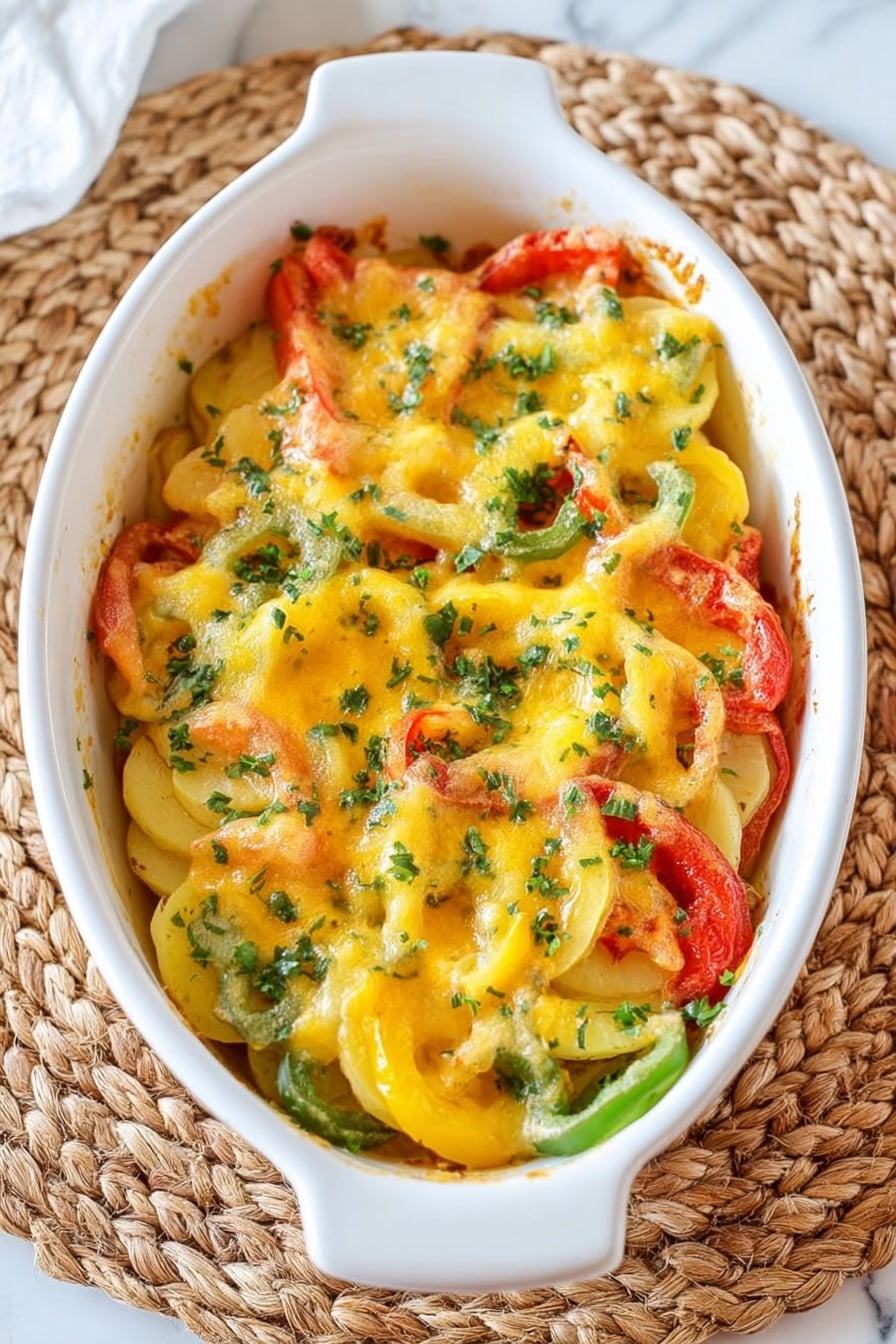 The image shows a white oval baking dish filled with a colorful vegetable casserole. The bottom layer has sliced yellow potatoes, topped with cut green, red, and yellow bell peppers, and onion rings. Over the vegetables, there is a melted yellow cheese layer that covers most of the top, with bits of green herbs sprinkled on it. The dish is placed on a woven placemat on a white marbled surface. Photo taken with an iphone --ar 2:3 --v 7 - Baked Chicken Fajitas, easy baked fajitas, healthy chicken fajitas, one-pan fajitas, quick dinner ideas