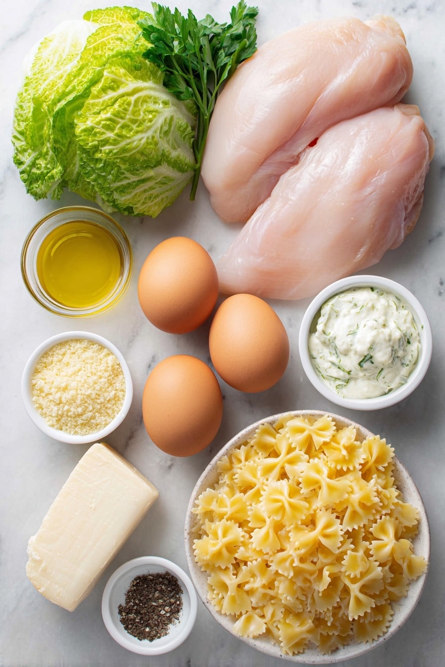 Flat lay of boneless skinless chicken breasts with smooth, pale pink surface, two whole brown eggs with clean shells, a few sprigs of fresh flat-leaf parsley, three Romaine lettuce hearts roughly chopped with vibrant green leaves, a small white ceramic bowl of golden olive oil, a small white ceramic bowl filled with creamy Caesar dressing, a small white ceramic bowl holding golden Panko breadcrumbs, two peeled garlic cloves whole and fresh, a mound of uncooked farfalle pasta with its distinctive bow-tie shape and pale yellow color, a chunk of Parmesan cheese with natural rind partially cut, a small white ceramic bowl of softened butter, a small white ceramic bowl with fine sea salt crystals, and a small white ceramic bowl containing freshly ground black peppercorns—all arranged in perfect symmetry on a clean white marble surface, soft natural light, photo taken with an iPhone, professional food photography style, fresh ingredients, white ceramic bowls, no bottles, no duplicates, no utensils, no packaging --ar 2:3 --v 7 --p m7354615311229779997 - Creamy Chicken Caesar Pasta Salad, chicken Caesar pasta salad, easy pasta salad recipes, summer pasta salad, crowd-pleasing pasta salad