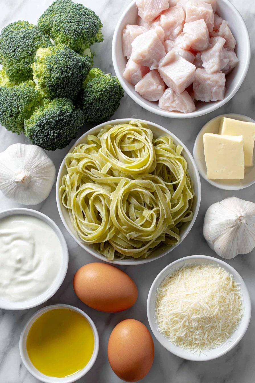Flat lay of fresh fettuccine pasta nests, vibrant green broccoli florets, raw boneless skinless chicken breast cubes, a few tablespoons of smooth pale butter in a small white ceramic bowl, three whole uncracked garlic cloves, a small white bowl filled with thick heavy cream, a small white bowl heaped with finely grated parmesan cheese, a small white bowl holding golden olive oil, and two whole brown eggs placed symmetrically, all arranged neatly on a clean white marble surface, soft natural light, photo taken with an iPhone, professional food photography style, fresh ingredients, white ceramic bowls, no bottles, no duplicates, no utensils, no packaging --ar 2:3 --v 7 --p m7354615311229779997 - Quick Chicken Broccoli Fettuccine Alfredo, chicken broccoli pasta, creamy pasta dinner, easy weeknight chicken pasta, homemade Alfredo sauce