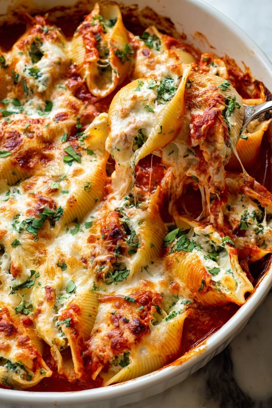 A white round baking dish filled with large pasta shells layered with bright red tomato sauce and creamy white cheese mixture; each shell is full and topped with melted white cheese that stretches slightly, with some toasted spots. Fresh green chopped herbs are scattered over the pasta, adding a pop of color. A spoon is lifting one shell, showing the cheese and green herb filling inside. The dish rests on a white marbled surface. photo taken with an iphone --ar 2:3 --v 7 - Chicken Spinach Artichoke Stuffed Shells, stuffed pasta recipes, cheesy chicken pasta, spinach artichoke dinner, easy baked stuffed shells