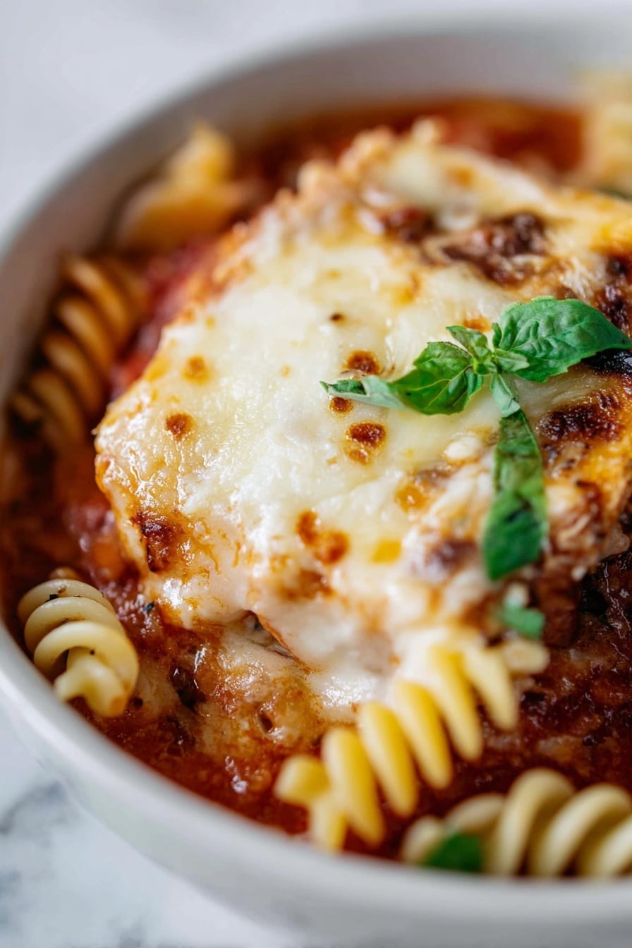 The dish shows a close-up of a layered pasta meal in a white bowl on a white marbled surface. The top layer is a thick square of melted cheese, golden and bubbly with light brown spots. Underneath the cheese, there's a crispy toasted layer with a light golden color. Surrounding this is a rich red tomato sauce with visible bits of herbs and spices. Scattered around are spiral pasta pieces, pale yellow with a slightly soft texture. Bright green fresh basil leaves add a pop of color near the center. The overall look is warm, cheesy, and richly textured. Photo taken with an iphone --ar 2:3 --v 7 - Chicken Parmesan Soup without recipe, Chicken Parmesan Soup, cheesy chicken soup, hearty Italian soup, mozzarella croutons recipe