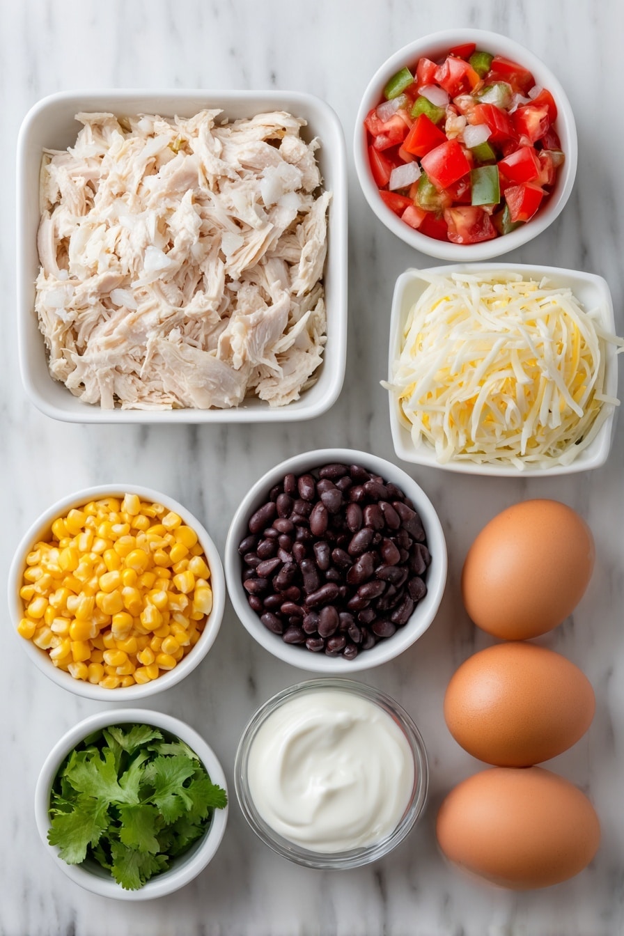 Flat lay of a medium diced onion, a diced green bell pepper, shredded cooked chicken, a small white bowl of black beans, a small white bowl of yellow corn kernels, a small white bowl of diced tomatoes with green chilies, a small white bowl of neutral cooking oil, a small white bowl of sour cream, a small white bowl of shredded Colby Jack cheese, a small white bowl of crushed tortilla chips, a few sprigs of fresh cilantro, and two whole uncracked brown eggs placed on a clean white marble surface, soft natural light, photo taken with an iPhone, professional food photography style, fresh ingredients, white ceramic bowls, no bottles, no duplicates, no utensils, no packaging --ar 2:3 --v 7 --p m7354615311229779997 - Easy Chicken Taco Casserole, Chicken Taco Casserole, cheesy chicken taco bake, weeknight taco casserole, quick chicken casserole