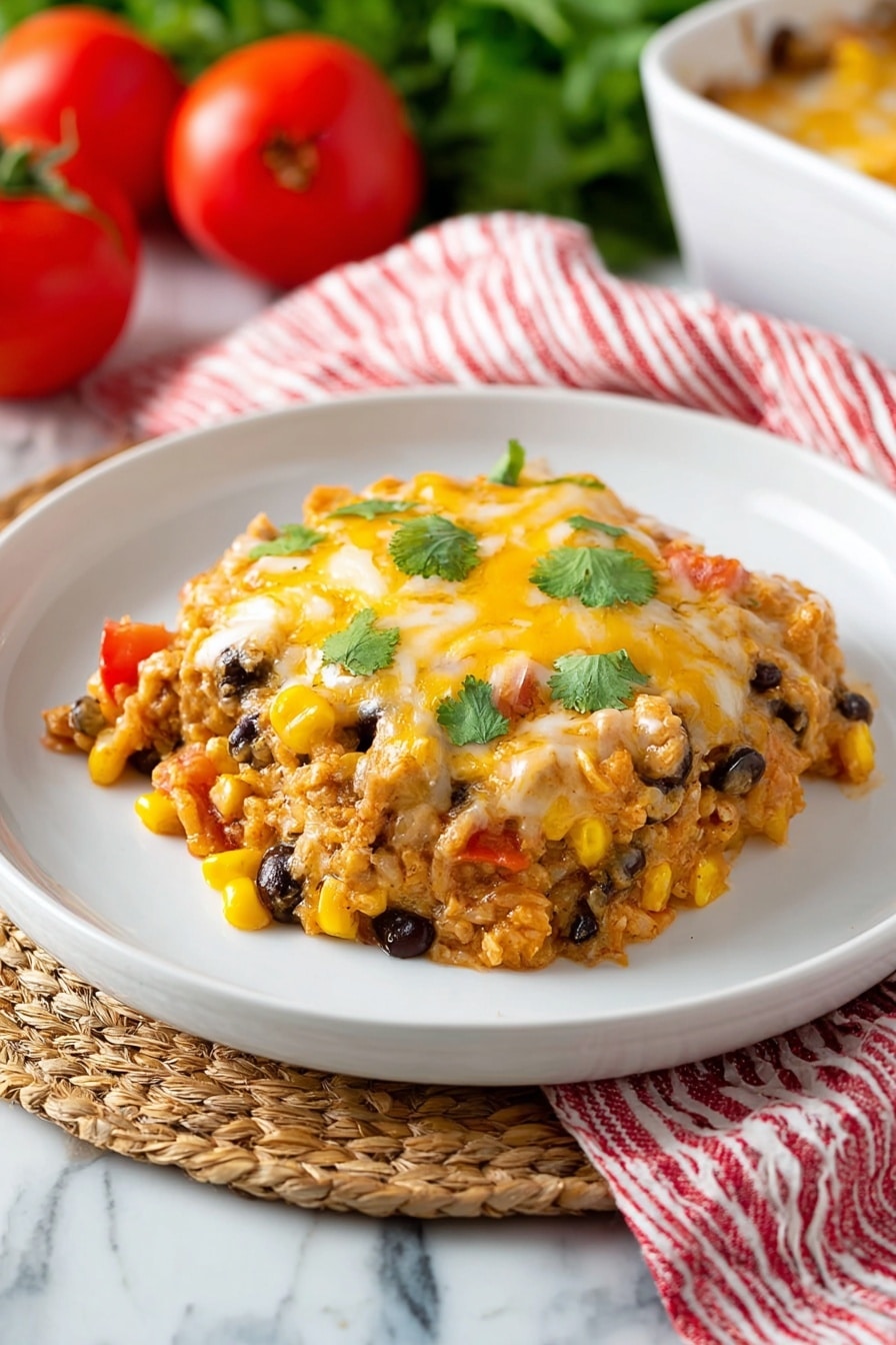 The dish is a single-layer serving of a cheesy casserole on a white plate. The base is a mix of orange-brown cooked chicken and black beans, with yellow corn and red tomato pieces scattered throughout. On top, there is a melting layer of golden-yellow and white cheese, slightly browned in spots, with small green cilantro leaves sprinkled on the surface. The plate rests on a woven mat, with a red-and-white striped cloth nearby. In the background, there are whole red tomatoes and some greens on a white marbled surface. Photo taken with an iphone --ar 2:3 --v 7 - Easy Chicken Taco Casserole, Chicken Taco Casserole, cheesy chicken taco bake, weeknight taco casserole, quick chicken casserole