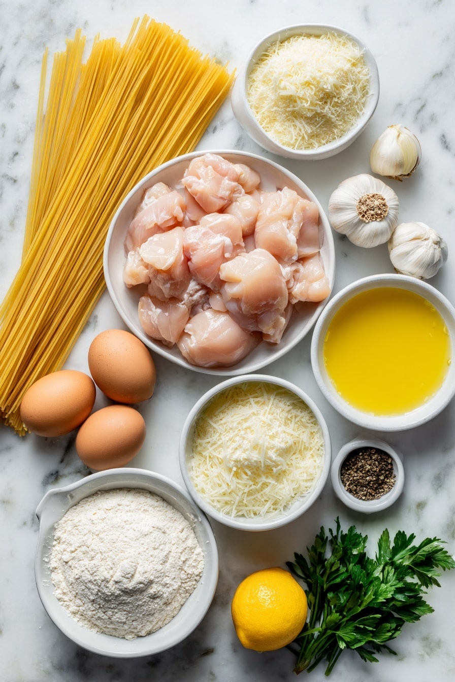 Flat lay of a small pile of uncooked linguine pasta strands, three plump raw chicken breasts cut into bite-size pieces, a small bowl of fine cornflour, a few whole uncracked brown eggs, a small peeled yellow onion finely chopped, three whole garlic cloves peeled, a small white bowl with golden cooking oil, a small white bowl filled with rich heavy cream, a small white bowl of bright yellow lemon juice, a small white bowl with strong chicken stock, a small mound of finely grated parmesan cheese, a small bunch of fresh green parsley sprigs, a small white bowl of coarse black pepper, and a small pile of salt crystals, all arranged in perfect symmetry on a clean white ceramic surface, placed on a clean white marble surface, soft natural light, photo taken with an iPhone, professional food photography style, fresh ingredients, white ceramic bowls, no bottles, no duplicates, no utensils, no packaging --ar 2:3 --v 7 --p m7354615311229779997 - Creamy Garlic Parmesan Chicken Pasta, easy creamy chicken pasta, garlic Parmesan pasta recipe, quick chicken pasta dinner, comforting creamy pasta dish