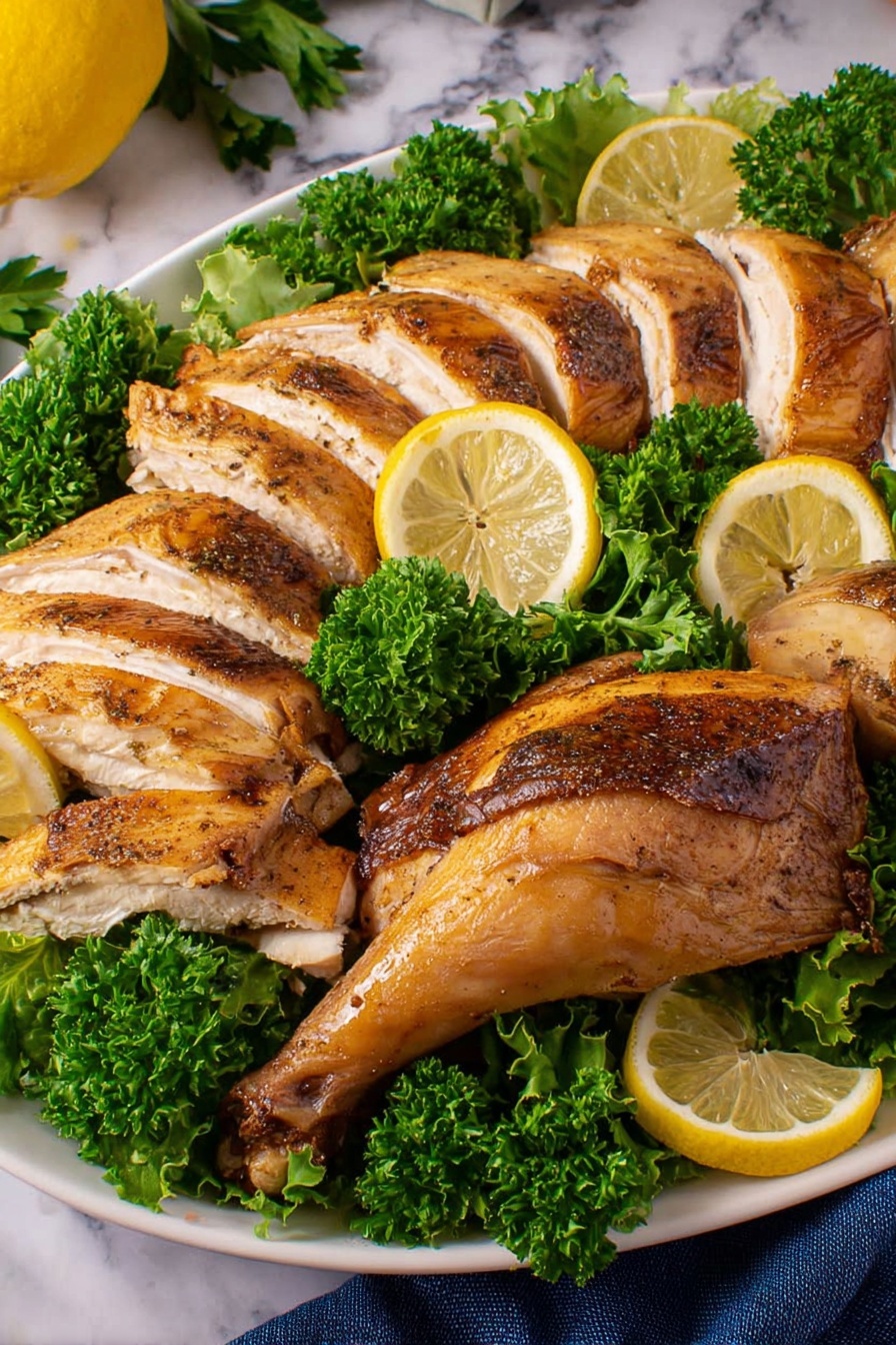 A whole roasted turkey with a golden-brown crispy skin sits in the center of a large white oval plate. It is surrounded by a thick layer of bright green curly kale leaves forming a ring around the bird. Inside the kale, evenly spaced light yellow lemon slices with visible seeds and a few sprigs of fresh herbs rest, adding contrast. The plate is placed on a white marbled surface with a gold fork and spoon nearby on the right side and a navy blue cloth on the left. The overall scene looks warm and inviting, photo taken with an iphone --ar 2:3 --v 7 - Lemon Herb Roast Turkey, lemon herb turkey, roasted turkey with lemon and herbs, easy lemon turkey, juicy holiday turkey