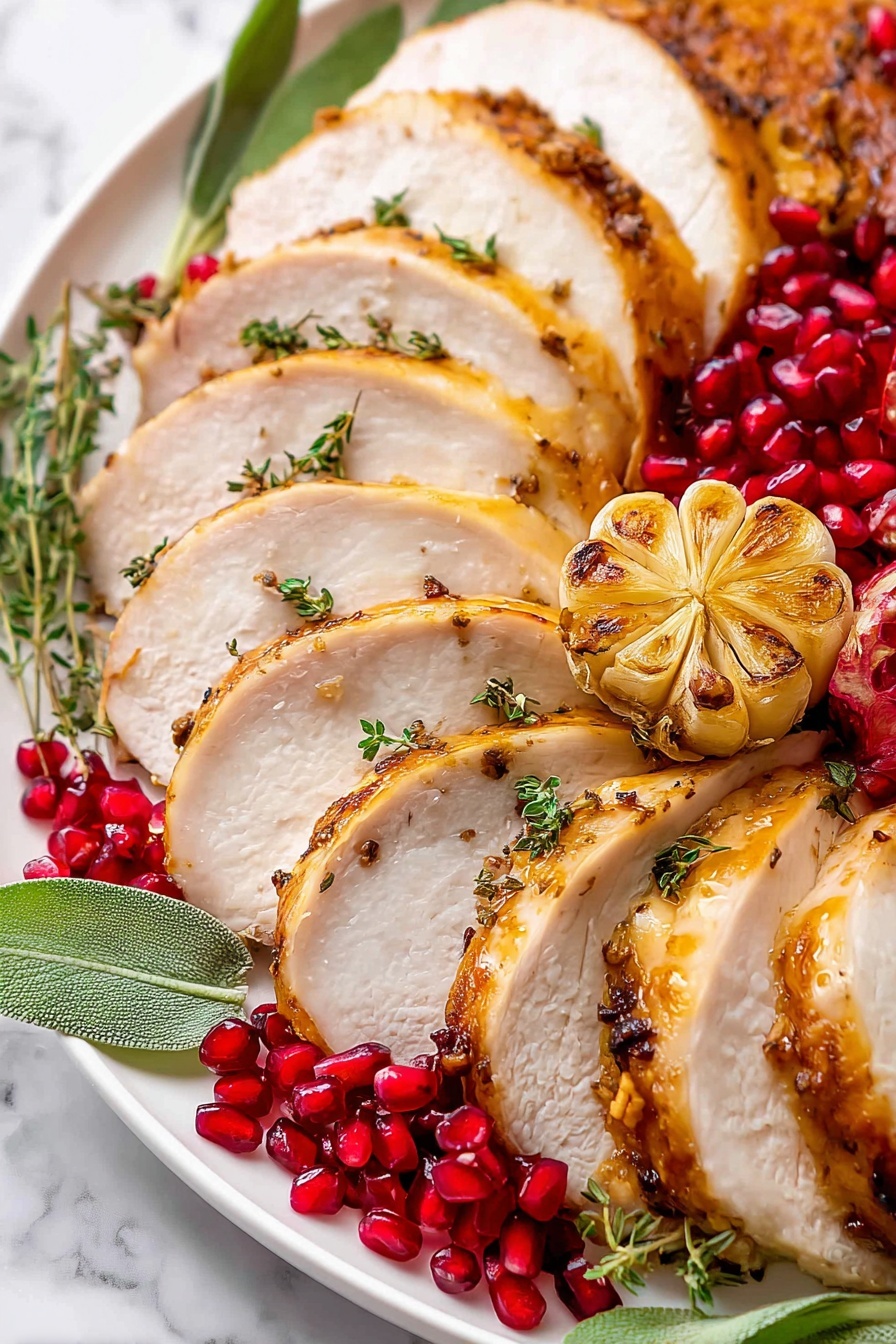 This image shows a white plate holding several slices of roasted turkey arranged in a slight curve, each slice showing a golden-brown edge and tender white inside, garnished with small green herb leaves scattered on top. At the center, a half head of roasted garlic with light golden cloves is placed upright, adding texture and warmth. Around the turkey slices and garlic are bright red pomegranate seeds and bigger clusters, adding bright spots of color, with light green leaves beneath the turkey giving a fresh contrast. The background is a white marbled texture. photo taken with an iphone --ar 2:3 --v 7 - Maple Glazed Turkey Breast Roast, turkey roast with maple glaze, easy turkey breast recipe, holiday turkey breast, juicy turkey roast