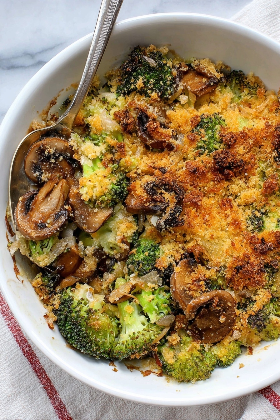 A white oval dish filled with a baked broccoli and mushroom casserole, showing about three layers: the bottom layer is steamed broccoli with bright green stalks and dark green tops, the middle layer has cooked brown mushrooms with a soft texture, and the top layer is a golden-brown crispy breadcrumb topping that covers the vegetables unevenly. A silver spoon rests inside the dish, partially scooping up some broccoli and mushroom pieces. The dish sits on a round wooden board, and the background is a white marbled surface. Photo taken with an iphone --ar 2:3 --v 7 - Healthy Broccoli Mushroom Casserole, healthy broccoli mushroom bake, nutritious vegetable casserole, easy healthy veggie casserole, guilt-free broccoli mushroom dish