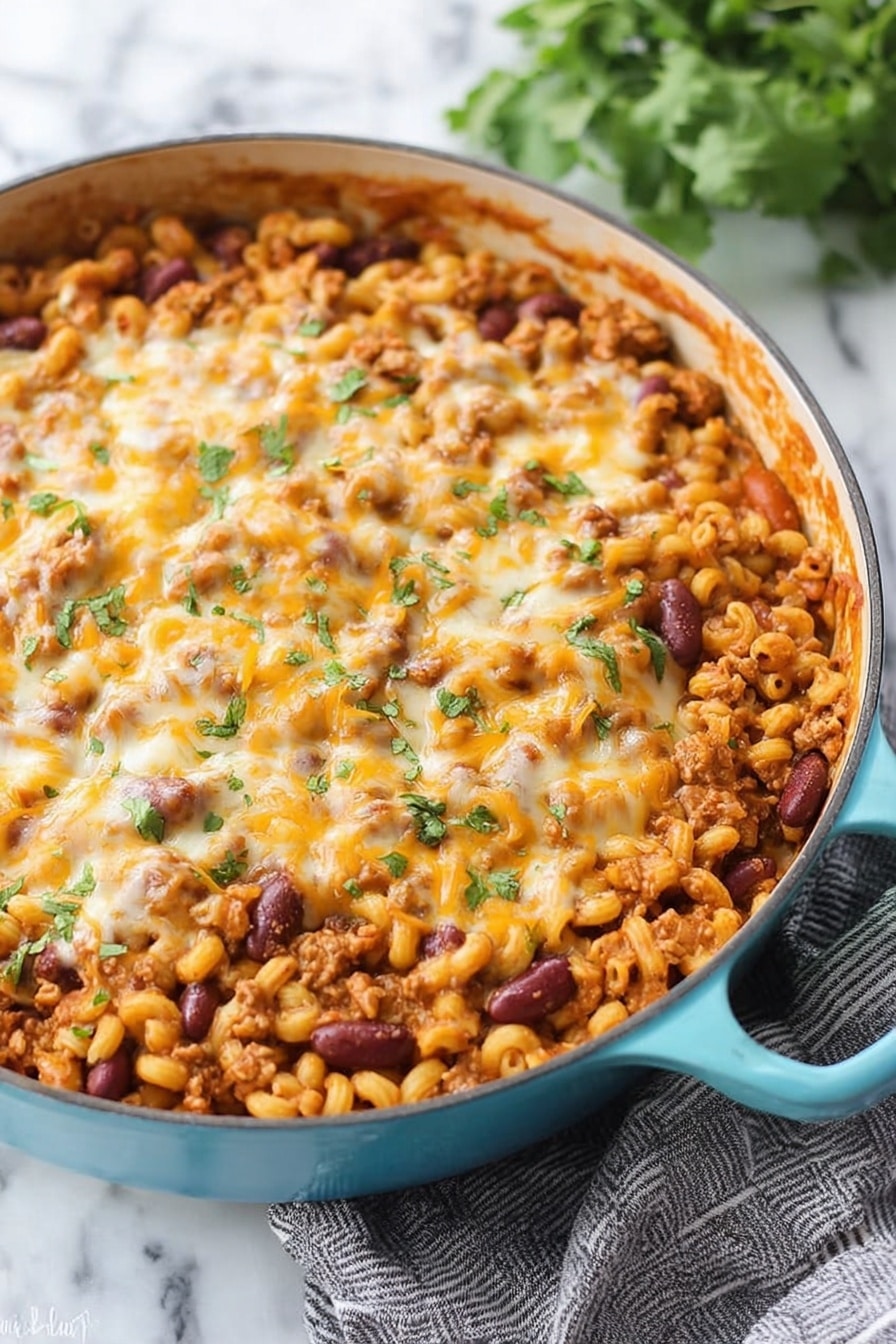 A large white pot filled with cooked elbow macaroni mixed with kidney beans and ground meat in a reddish-orange sauce. The top layer has melted cheese scattered unevenly with some small green herb pieces on it. A wooden spoon with a white and gray handle is partially submerged in the food on the right side. The pot is placed on a white marbled surface, and a bunch of fresh green parsley is partially shown in the top left corner. Photo taken with an iphone --ar 2:3 --v 7 - Turkey Chili Mac and Cheese, comfort food recipes, easy weeknight dinners, one-pot family dinners, hearty pasta dishes