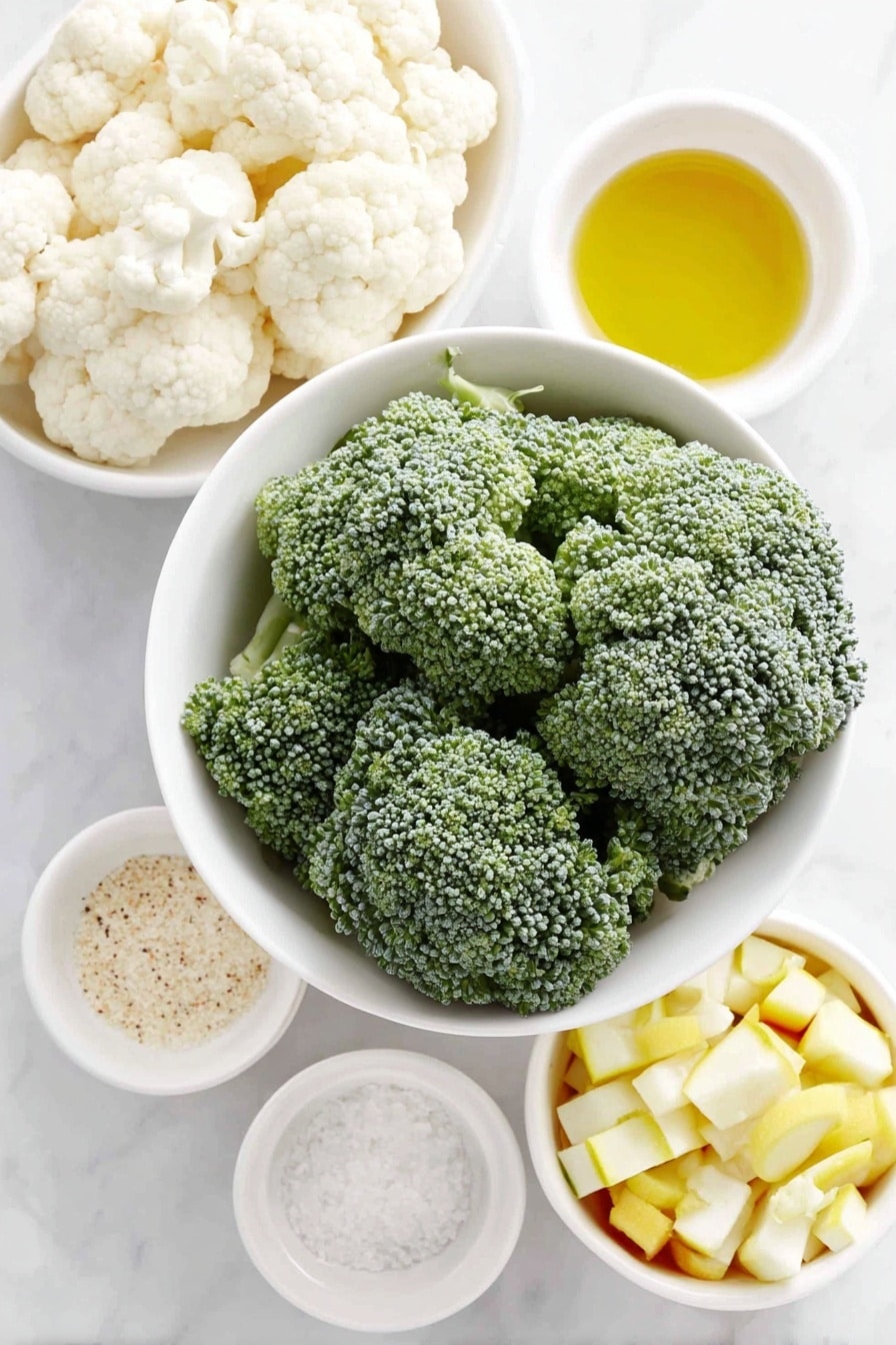 Flat lay of fresh green broccoli florets, white cauliflower florets, bright orange carrot coins, yellow and green chopped summer squash pieces, a small white ceramic bowl with golden olive oil, a small white ceramic bowl of mixed seasoning powder, and a small white ceramic bowl containing fine salt crystals, all arranged in perfect symmetry on a clean white marble surface, soft natural light, photo taken with an iPhone, professional food photography style, fresh ingredients, white ceramic bowls, no bottles, no duplicates, no utensils, no packaging --ar 2:3 --v 7 --p m7354615311229779997 - Roasted Vegetable Medley, roasted vegetable recipe, healthy roasted vegetables, easy vegetable side dish, colorful roasted veggie mix