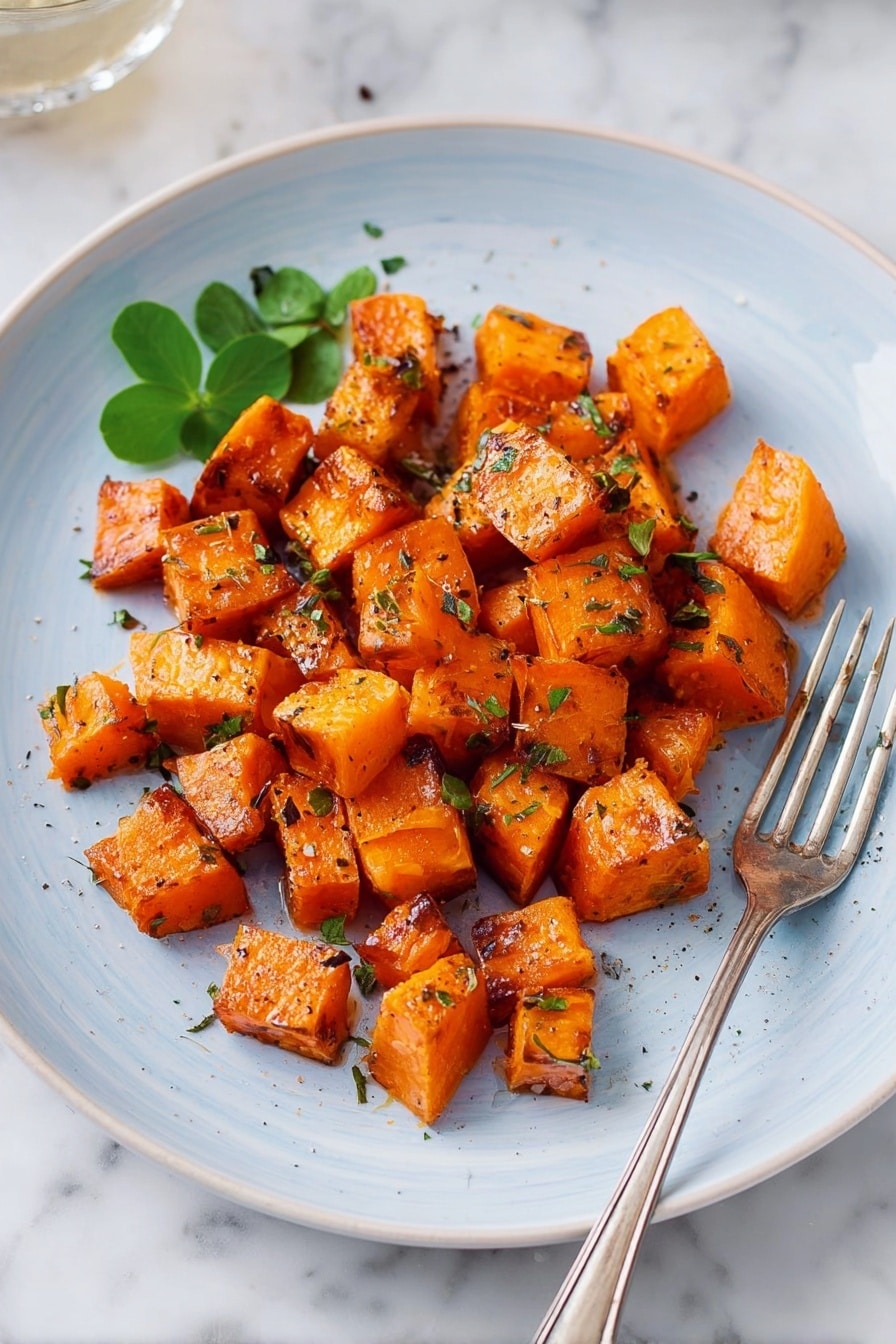 The dish shows a white plate with a light blue rim, filled with about 25 small cubed pieces of roasted orange sweet potatoes. The cubes are shiny, with a slightly caramelized, crispy outside and rough, textured surface. They are sprinkled with small green herb bits and black pepper. There is a small bunch of bright green flat leaves placed near the center on top. A silver fork is placed on the right side of the plate, and the background is a white marbled surface. photo taken with an iphone --ar 2:3 --v 7 - Maple Roasted Sweet Potatoes, roasted sweet potato side dish, caramelized sweet potatoes, easy sweet potato recipes, holiday vegetable side