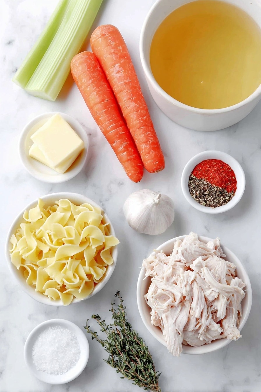 Flat lay of a small pat of butter, two fresh celery ribs with leaves, three large bright orange carrots, a single garlic clove, a white ceramic bowl filled with golden chicken stock, a small white bowl of coarse sea salt, a small white bowl of freshly ground black pepper, a small white bowl containing dried rosemary sprigs, another small white bowl with dried thyme leaves, a small white bowl with crushed red pepper flakes, a neat pile of homemade egg noodles, a small mound of shredded rotisserie chicken breast, and a small white bowl of chicken bouillon granules placed on a clean white marble surface, soft natural light, photo taken with an iPhone, professional food photography style, fresh ingredients, white ceramic bowls, no bottles, no duplicates, no utensils, no packaging --ar 2:3 --v 7 --p m7354615311229779997 - Homemade Chicken Noodle Soup, chicken noodle soup recipe, comforting chicken soup, easy homemade chicken soup, cozy chicken noodle soup