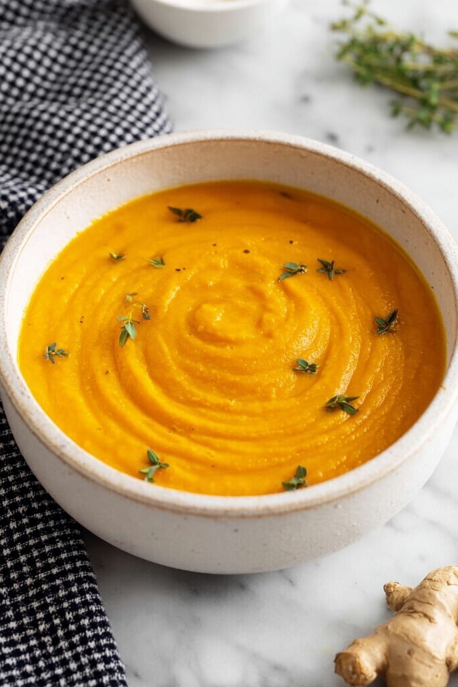 The image shows a round, silver pot filled with smooth orange soup, with a shiny metal ladle resting inside the pot and holding a small amount of the soup. Tiny green herb leaves float on top of the soup. The pot is placed on a white marbled surface with a black and white checkered cloth folded under its handle. Around the pot, there are fresh light brown ginger roots, a white bowl of coarse salt, a small bunch of green herbs, and an empty white bowl with a silver spoon. The overall look is clean and fresh. photo taken with an iphone --ar 2:3 --v 7 - Creamy Carrot Ginger Soup, healthy carrot soup, easy vegetable soup, roasted carrot soup, comforting ginger soup