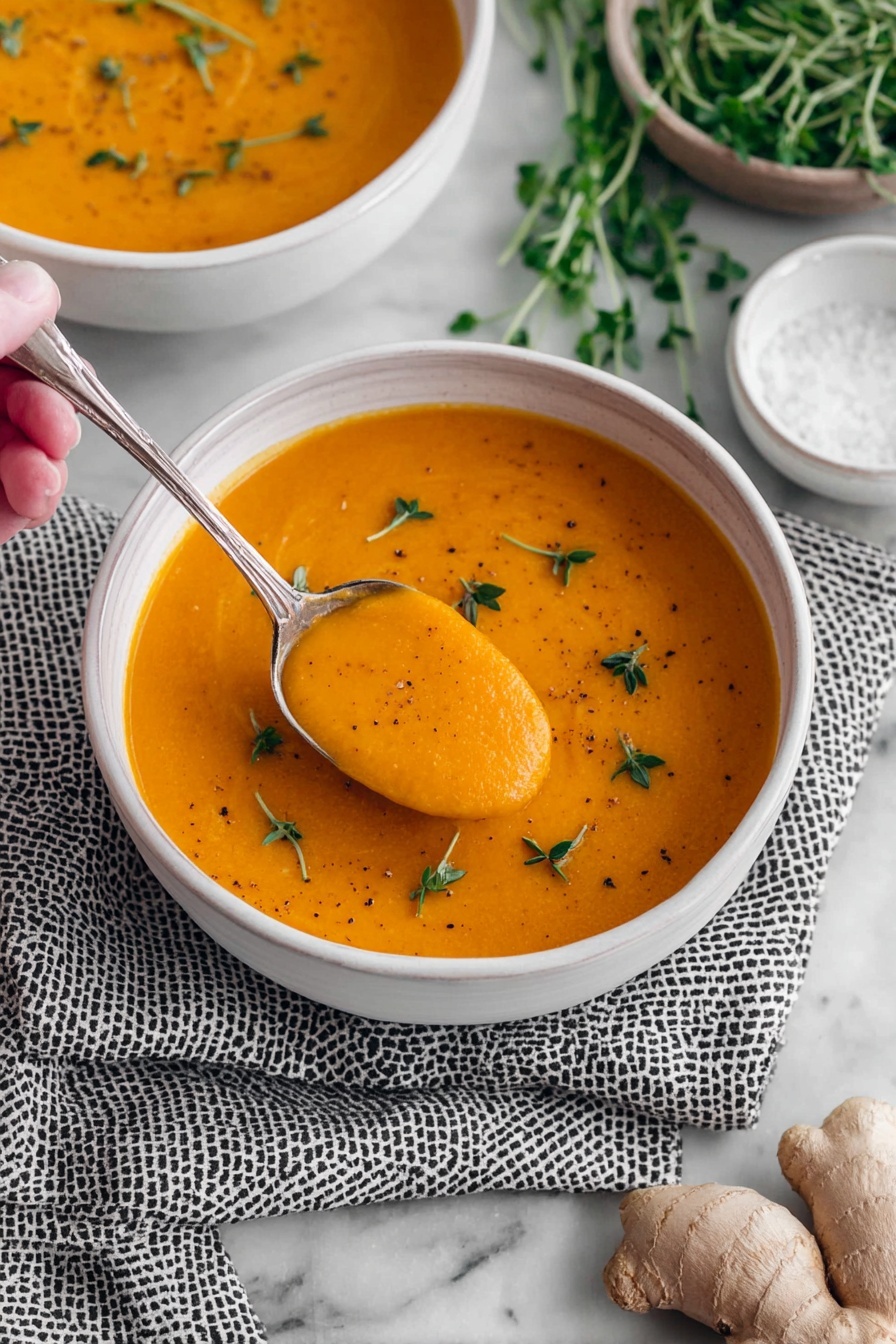 A white bowl is filled with smooth bright orange soup, with small green herb leaves scattered on top. A woman's hand holds a silver spoon that scoops up a thick spoonful of the soup from the bowl. Another white bowl of soup is blurred in the background near fresh green herbs and a small white dish of coarse salt. Fresh light brown ginger pieces are near the bowl at the bottom right. The bowl sits on a white marbled surface with a black and white cloth napkin nearby. Photo taken with an iphone --ar 2:3 --v 7 - Creamy Carrot Ginger Soup, healthy carrot soup, easy vegetable soup, roasted carrot soup, comforting ginger soup