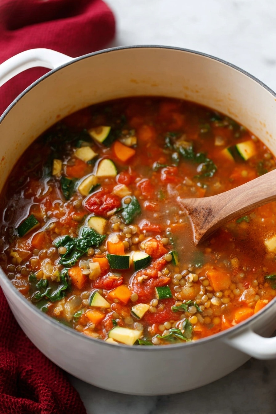 A white pot filled with a colorful soup made of several layers: a reddish-orange broth base mixed with many small vegetable pieces including orange carrots, green leafy kale, and chunks of light green zucchini, along with soft red tomatoes and small round lentils. A wooden spoon is partly submerged in the soup, stirring the mixture. The pot is placed on a white marbled surface with a blurred red cloth in the background. photo taken with an iphone --ar 2:3 --v 7 - Italian Lentil Soup with Vegetables, healthy Italian lentil soup, easy vegetarian lentil soup, hearty vegetable lentil soup, comforting Italian soup recipes