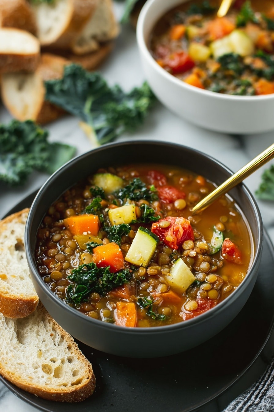 The image shows a dark gray bowl filled with vegetable soup on a matching dark gray plate, sitting on a white marbled surface. The soup has a rich broth filled with colorful chunks of carrots, tomatoes, green leafy kale, and small round lentils. Around the bowl are pieces of torn bread scattered casually. In the background, there is a white pot filled with more soup and a white bowl of soup with a gold spoon inside. Fresh kale leaves and chopped zucchini pieces are placed near the pot, adding green accents to the scene. Photo taken with an iphone --ar 2:3 --v 7 - Italian Lentil Soup with Vegetables, healthy Italian lentil soup, easy vegetarian lentil soup, hearty vegetable lentil soup, comforting Italian soup recipes
