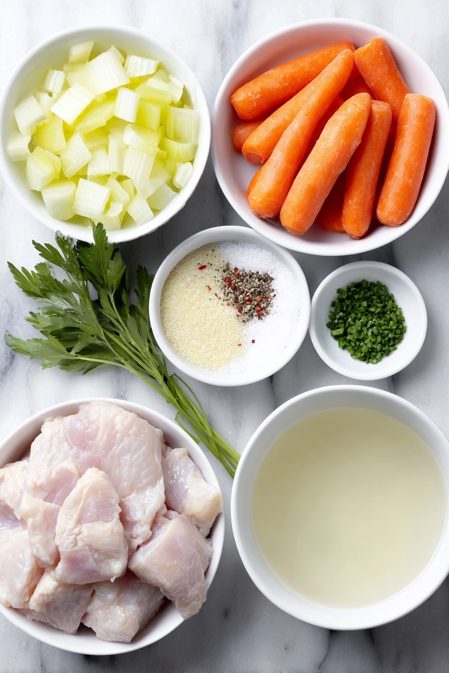 Flat lay of a small mound of golden solidified chicken fat, a peeled and chopped yellow onion, two bright orange carrots sliced into thin rounds, two celery stalks sliced similarly in pale green thin rounds, a small handful of fresh flat-leaf parsley leaves, a few chopped bright green chive pieces, a tiny pile of fine beige ground poultry seasoning, a pinch of crushed red pepper flakes with vibrant red flakes, a small white ceramic bowl filled with clear homemade chicken stock, a small white ceramic bowl containing coarse white salt, and another small white ceramic bowl with freshly ground black pepper, all arranged with perfect symmetry in a balanced composition placed on a clean white marble surface, soft natural light, photo taken with an iPhone, professional food photography style, fresh ingredients, white ceramic bowls, no bottles, no duplicates, no utensils, no packaging --ar 2:3 --v 7 --p m7354615311229779997 - Mom's Cold-Season Chicken Soup, comforting chicken soup, homemade chicken broth, easy chicken soup recipe, cold-weather soup