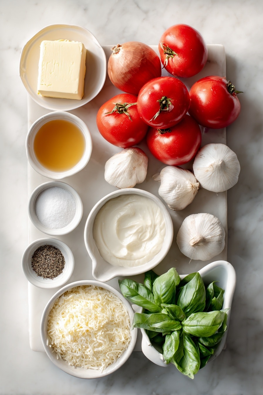 Flat lay of four tablespoons of unsalted butter, three whole yellow onions, three whole garlic bulbs with cloves, a large pile of crushed ripe red tomatoes with juice, a small white bowl of golden chicken stock, a small bunch of fresh green basil leaves, a small white bowl of white granulated sugar, a small white bowl of ground black pepper, a small white bowl of heavy cream, a small mound of freshly grated parmesan cheese, all arranged with perfect symmetry on a clean white marble surface, soft natural light, photo taken with an iPhone, professional food photography style, fresh ingredients, white ceramic bowls, no bottles, no duplicates, no utensils, no packaging --ar 2:3 --v 7 --p m7354615311229779997 - Creamy Tomato Soup with Basil, easy tomato basil soup, homemade tomato soup, comforting tomato soup recipe, velvety tomato basil soup