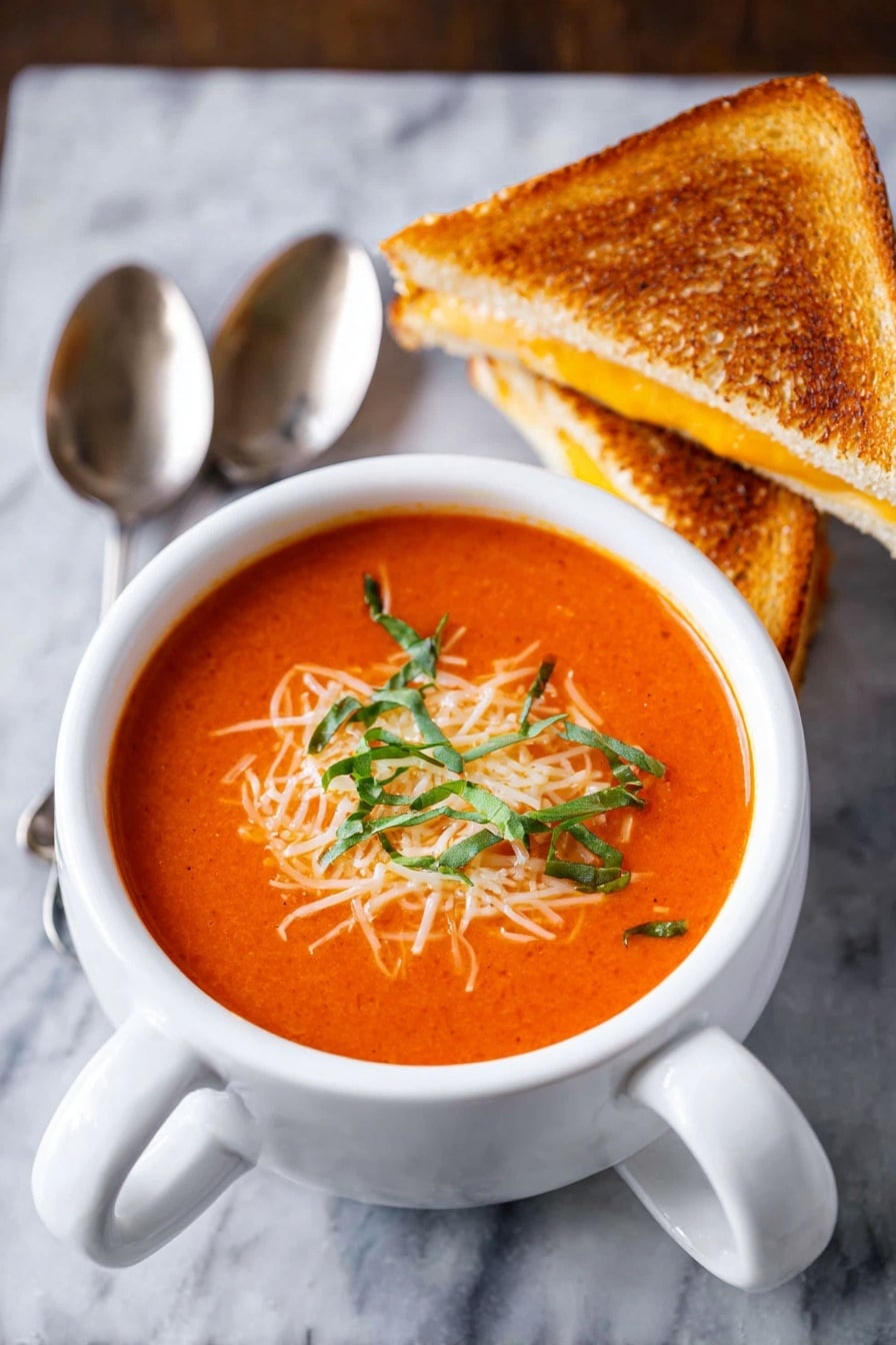 A white bowl with a handle holds smooth orange tomato soup as the first layer, topped with a small pile of finely shredded white cheese and thin strips of fresh green basil leaves scattered on top. To the back right of the bowl, two triangular grilled sandwiches with golden brown toasted bread and melted white and orange cheese inside are stacked slightly overlapping. Two silver spoons lay crossed next to the bowl on a white marbled surface background. Photo taken with an iphone --ar 2:3 --v 7 - Creamy Tomato Soup with Basil, easy tomato basil soup, homemade tomato soup, comforting tomato soup recipe, velvety tomato basil soup