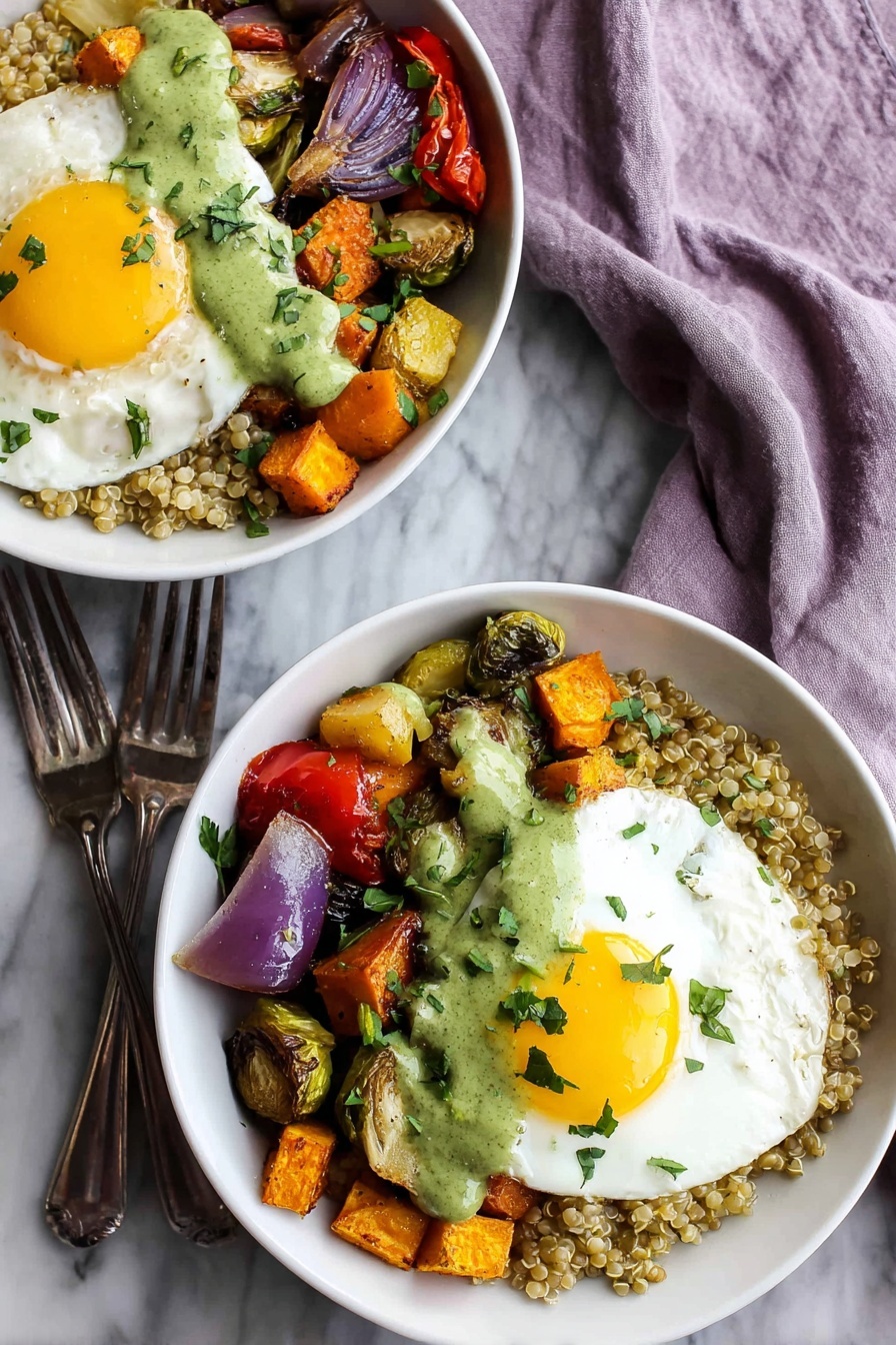 A white bowl filled with three main layers: at the bottom left, there is a heap of light brown cooked grains with a soft texture; to the right side, there are golden-brown roasted vegetables including cubes of sweet potatoes, green Brussels sprouts, and pieces of red bell pepper, showing a slightly crispy surface; on top of these, a sunny-side-up fried egg with a bright yellow yolk and white edges drizzled with green herb sauce adds a fresh look. The dish is garnished with thinly sliced green herbs scattered over the egg and around the bowl. A woman's hand is holding the bowl against a white marbled surface background. Photo taken with an iphone --ar 2:3 --v 7 - Harvest Vegetable Grain Bowl with Egg, healthy grain bowls, fall vegetable recipes, nourishing breakfast ideas, autumn vegetable bowls