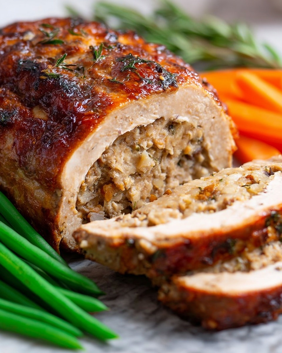 The image shows a stuffed roasted meatloaf sliced to reveal two main layers: the outer layer is golden brown with a slightly crispy texture and visible herbs on the surface, while the inner filling is a dense, textured stuffing in a light beige color with small bits of seasoning. The slices are arranged on a white plate, surrounded by bright green beans and orange carrot sticks set against a white marbled surface. The meatloaf's surface looks glossy with a rich roasted finish. Photo taken with an iphone --ar 4:5 --v 7