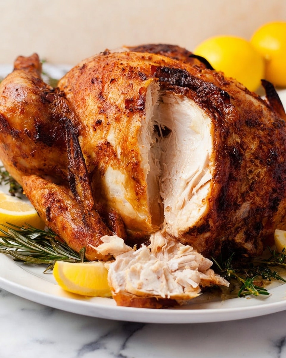 A close-up of a whole roasted chicken placed on a white plate with a few slices of bright yellow lemon and green rosemary sprigs underneath. The chicken is partially carved, showing its juicy white inside meat with a crispy, browned orange-brown skin on top. The turkey’s wing is visible to the right, while a small piece of carved meat rests in front of the chicken on the plate. The background is a white marbled texture with a soft yellow lemon blurred in the back. photo taken with an iphone --ar 4:5 --v 7