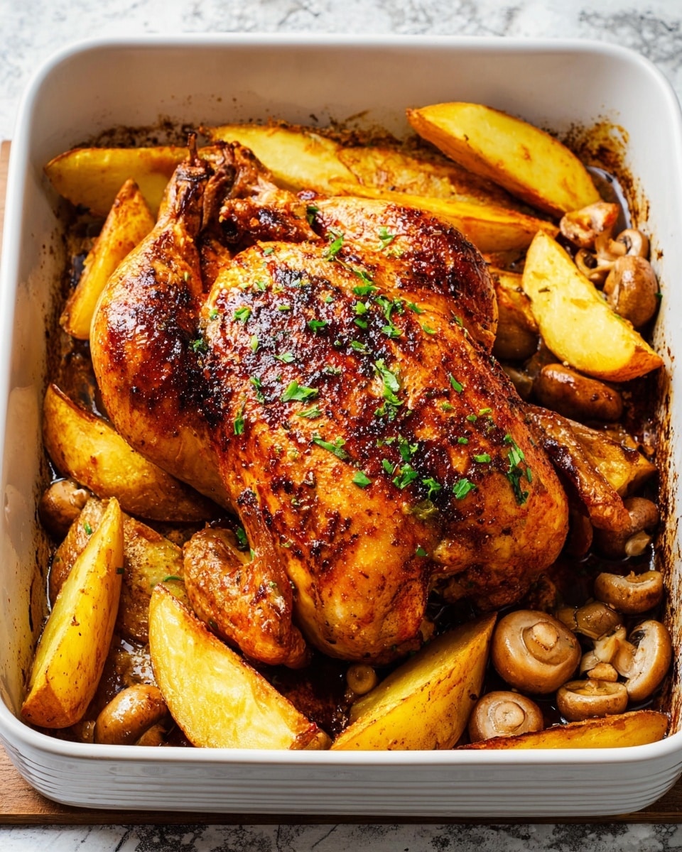 A golden brown roasted whole chicken sits in the middle of a white rectangular baking dish, its skin crispy with a slightly charred texture and sprinkled with small green herb pieces. Around the chicken, there are several thick-cut potato wedges with a warm yellow color and a lightly browned crust. Beige mushrooms with smooth round caps are scattered evenly among the potatoes, adding a soft texture contrast. The dish is set on a white marbled surface, and the chicken looks juicy and well-cooked, with the drumsticks and wings tucked close. photo taken with an iphone --ar 4:5 --v 7