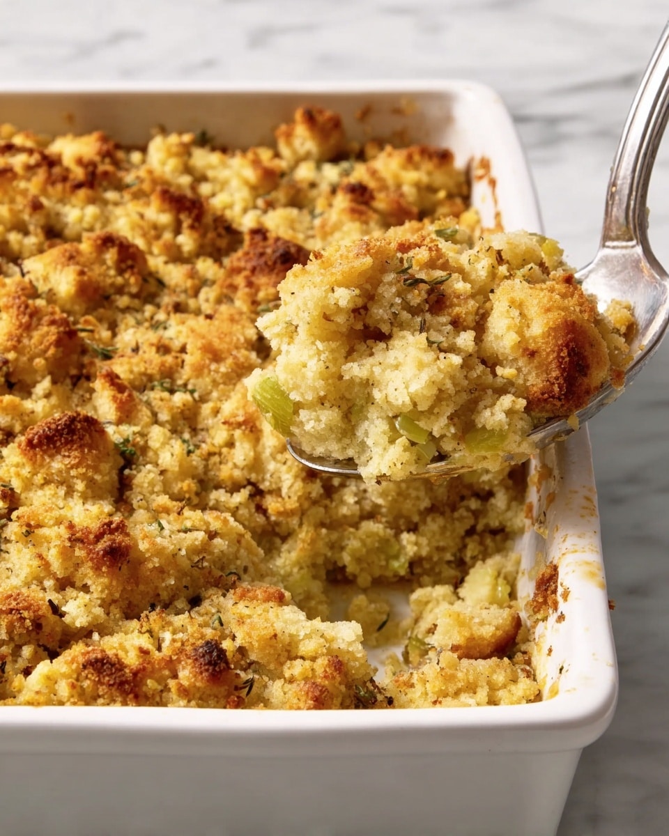 A white rectangular baking dish filled with a warm, golden brown crumbly casserole, with a texture that is slightly rough and uneven, showing small chunks and crumbs on top. The casserole has a soft, moist inside with visible bits of what looks like vegetables mixed in, mainly light green pieces. A metal spoon lifts a portion of the casserole from the middle, showing the golden brown crunchy crust on top and the softer, pale yellow and green inside. The dish is placed on a white marbled surface. photo taken with an iphone --ar 4:5 --v 7
