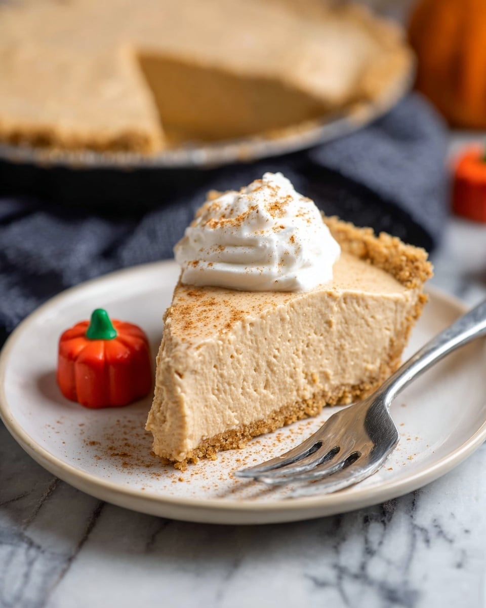 A slice of creamy light brown pie with a smooth, slightly soft texture sits on a white plate. It has one main thick layer of pie filling with a crumbly base, topped with a swirl of white whipped cream sprinkled lightly with brown spice powder. Next to the pie slice is a small round orange candy with a green top that looks like a pumpkin. A vintage silver fork is placed on the plate, resting against the pie with some crumbs around. The plate is on a white marbled surface. Photo taken with an iphone --ar 4:5 --v 7