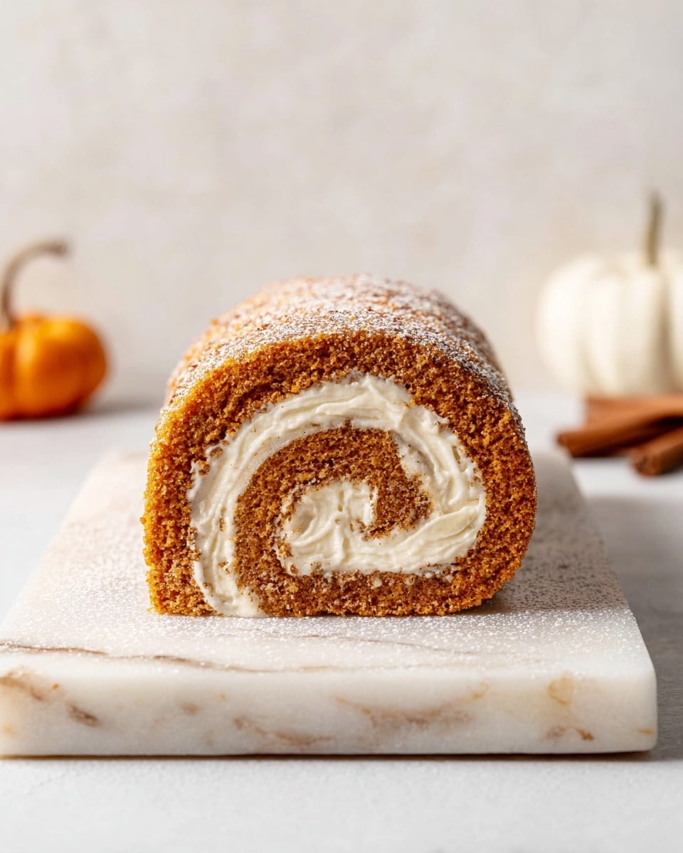 A close-up view of a single slice of a rolled cake with two layers: the outer layer is a soft, textured orange-brown sponge cake, and the inner layer is a smooth, creamy white filling swirled evenly throughout. The cake is placed upright on a white marbled rectangular board dusted lightly with powdered sugar. In the background, there are faint shapes of white pumpkins and cinnamon sticks on a white marbled surface, softly blurred to keep focus on the cake slice. photo taken with an iphone --ar 4:5 --v 7