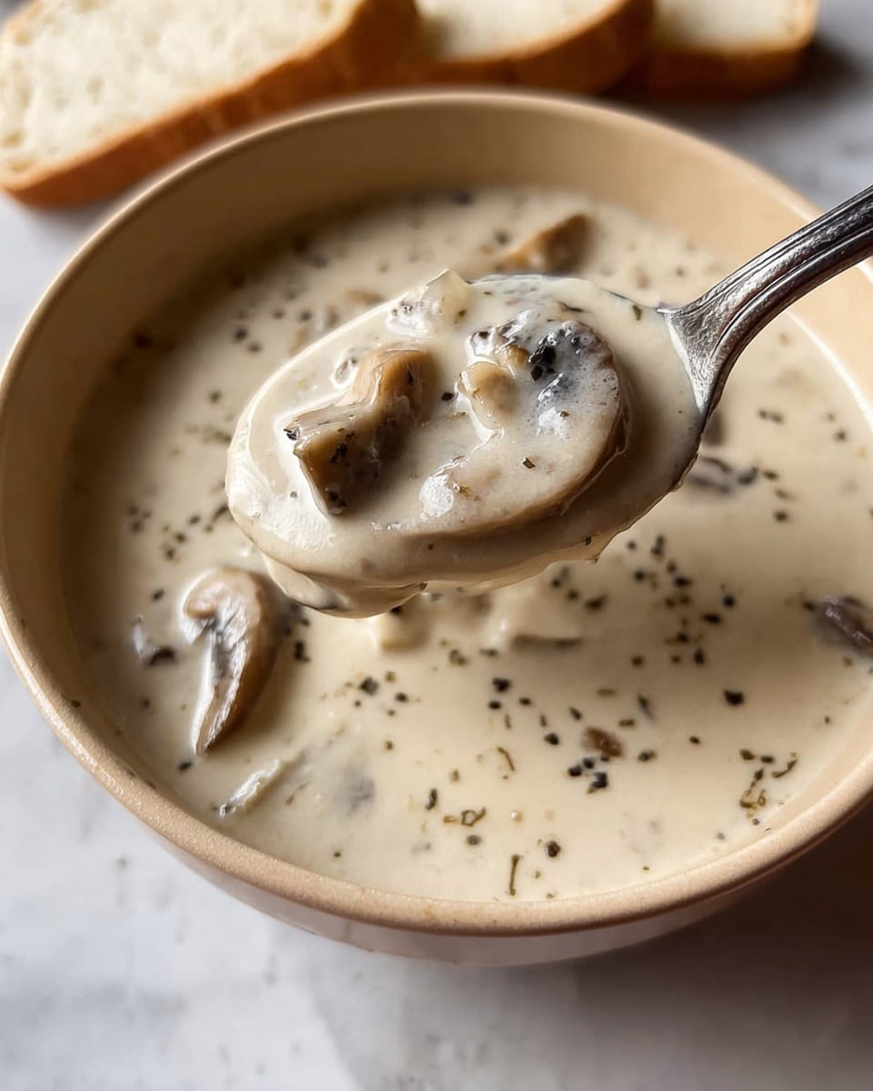 A close-up image shows a spoon holding creamy mushroom soup above a light beige bowl filled with the same soup. The soup is thick and smooth with visible slices of mushrooms and small black pepper flakes scattered throughout. The mushrooms are soft with a light brown color, contrasting the creamy off-white soup base. The bowl is set on a white marbled surface with slices of light-colored bread partially visible in the background. The spoon has a dark handle and a metal scoop, lifting a generous amount of the soup with mushroom pieces clearly resting on it. Photo taken with an iphone --ar 4:5 --v 7