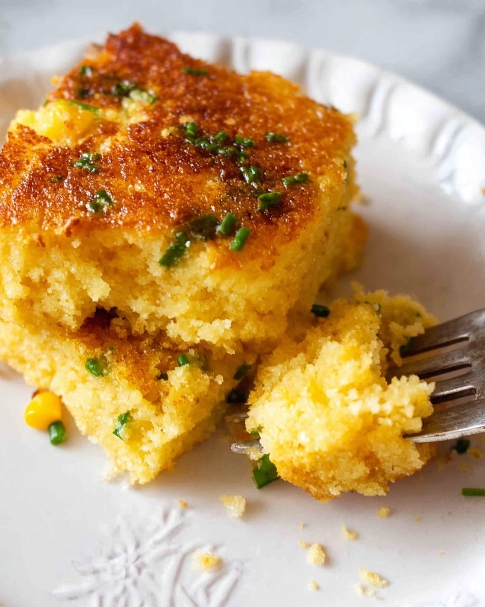 The image shows a close-up of a golden brown cornbread patty with a crispy top layer that has a rough texture and is dotted with small green chive pieces and yellow corn kernels. Below the top, the cornbread is soft and crumbly with a light yellow color. The cornbread is on a white plate with faint embossed floral patterns. A silver fork rests next to the cornbread with some of it broken into pieces near the fork. The background is a white marbled surface. Photo taken with an iphone --ar 4:5 --v 7