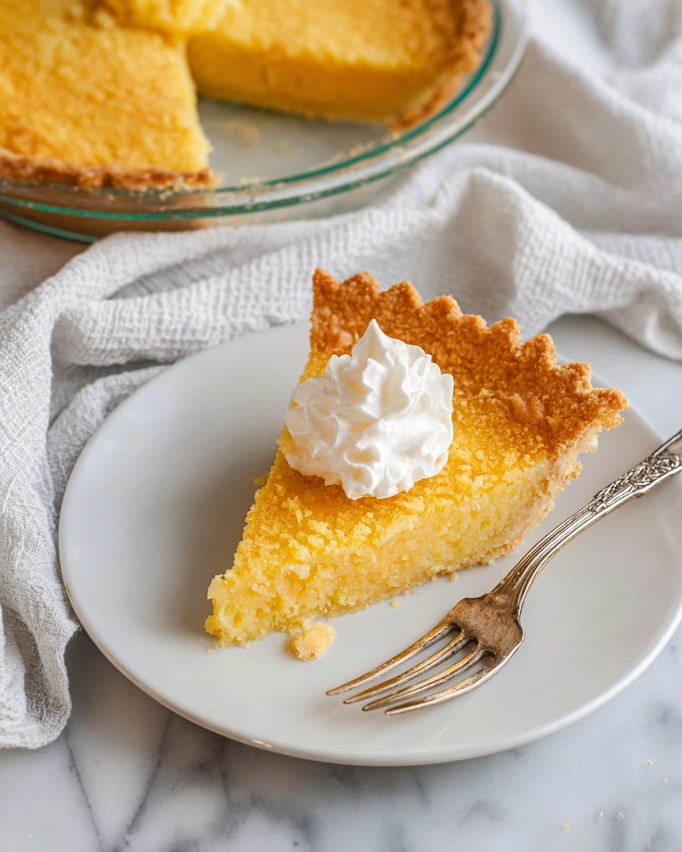 A slice of golden yellow pie with a thick, crumbly texture and a slightly browned, crimped edge crust sits on a white plate. On top of the pie slice is a dollop of white whipped cream with a soft, fluffy texture. Beside the pie slice on the plate is a vintage silver fork with ornate details on the handle. In the background, part of the remaining pie is visible in a clear glass pie dish, showing the same golden crust and crumbly top. The setting includes a soft white and grey cloth on a white marbled surface. Photo taken with an iphone --ar 4:5 --v 7