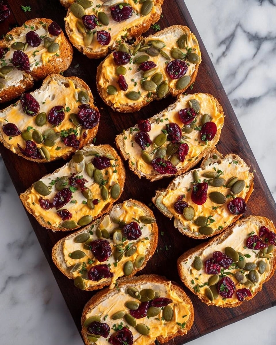 The image shows eight small bread slices with one layer of light orange creamy spread on top. Each slice is decorated with bright green pumpkin seeds and deep red dried cranberries scattered evenly. Small green herb bits are sprinkled over the spread. The slices are placed closely together on a dark wooden board, which contrasts with the white marbled surface underneath. Photo taken with an iphone --ar 4:5 --v 7