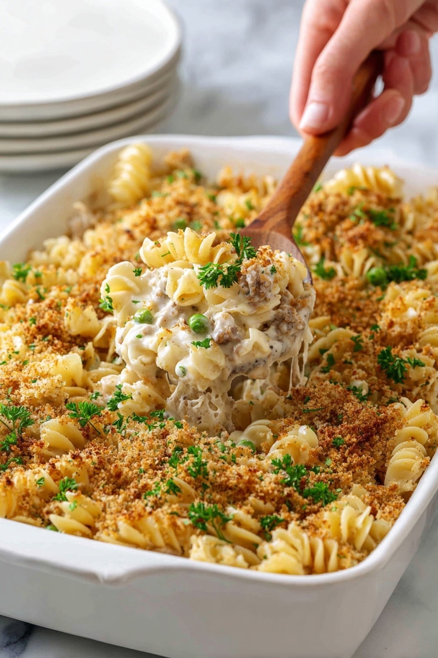 A white baking dish filled with a creamy pasta casserole made of curly pasta mixed with a white sauce, small pieces of light-colored meat, and green peas. The top layer is covered with a golden-brown crunchy breadcrumb topping, sprinkled with fresh green parsley pieces. At the front, a wooden spoon with a woman's hand holding it scoops out a portion, showing the creamy inside with visible pasta, meat, and peas. The dish sits on a white marbled surface with a stack of white plates blurred in the background. photo taken with an iphone --ar 2:3 --v 7 - Creamy Tuna Noodle Casserole with Parmesan Breadcrumb Topping, tuna noodle casserole, cheesy tuna bake, quick comfort food, easy tuna casserole recipe